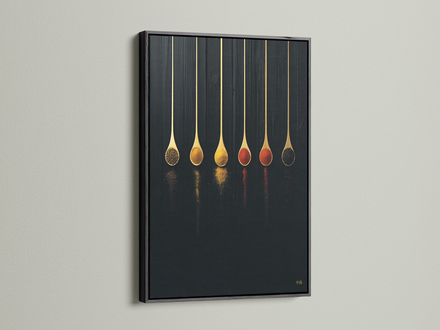 Spice Spoons canvas print with a black frame. This culinary art poster is ideal for modern kitchens. It complements dining areas and cafes. The spoon print creates a minimalist look. This food art print is the perfect chef gift. Enhance your space with this dark academia artwork.