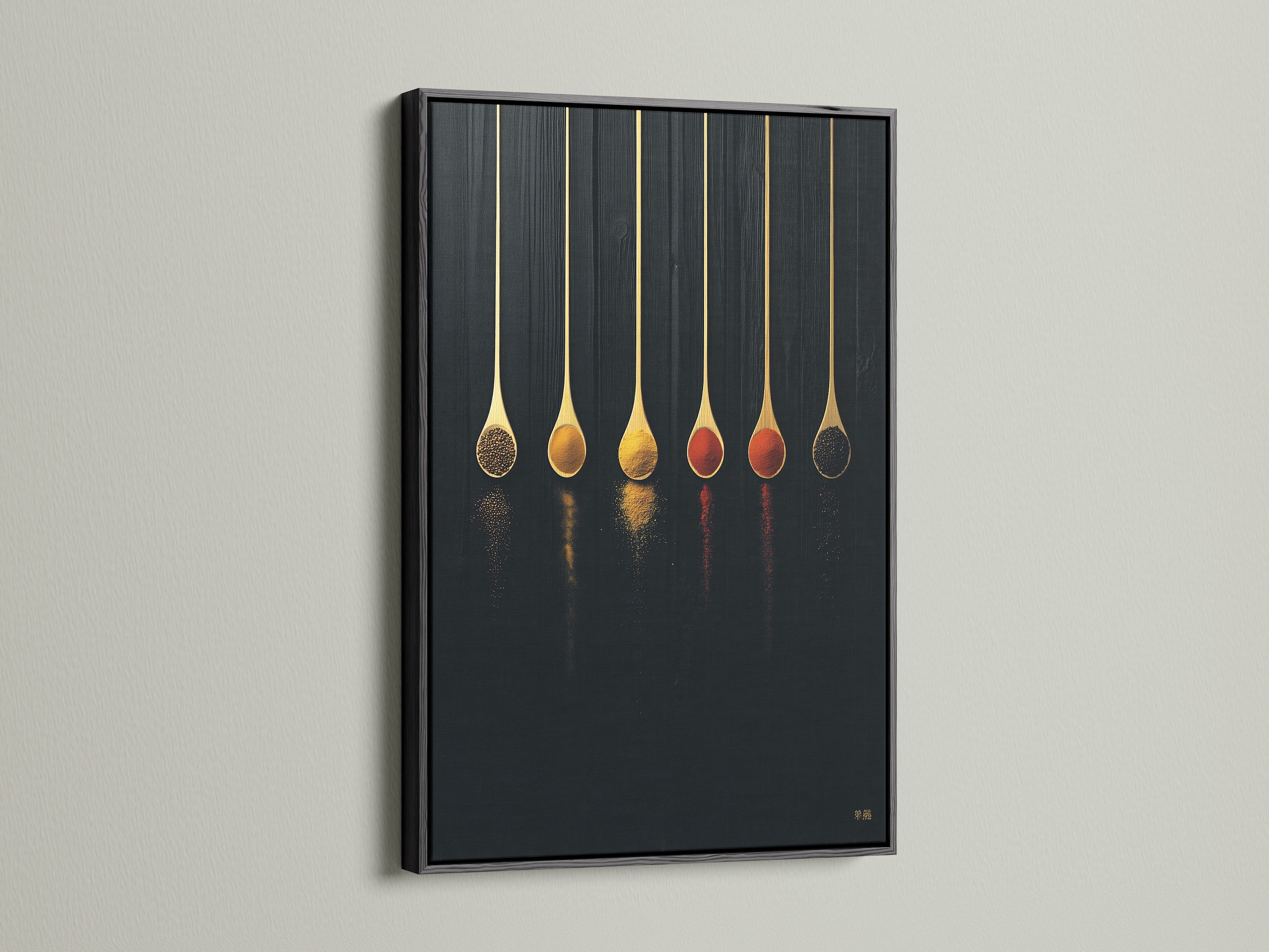 Spice Spoons canvas print with a black frame. This culinary art poster is ideal for modern kitchens. It complements dining areas and cafes. The spoon print creates a minimalist look. This food art print is the perfect chef gift. Enhance your space with this dark academia artwork.