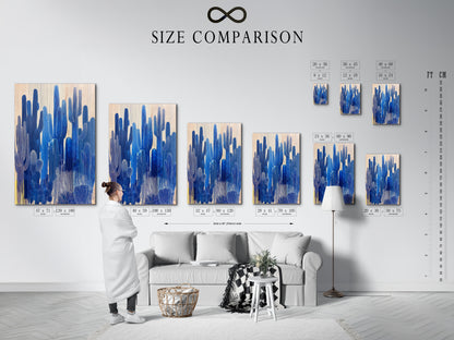 Size comparison chart in an interior setting. See how different sizes of cactus art fit in your space. Visualize desert canvas options for your home office decor. Find the perfect scale for botanical prints and southwest art.