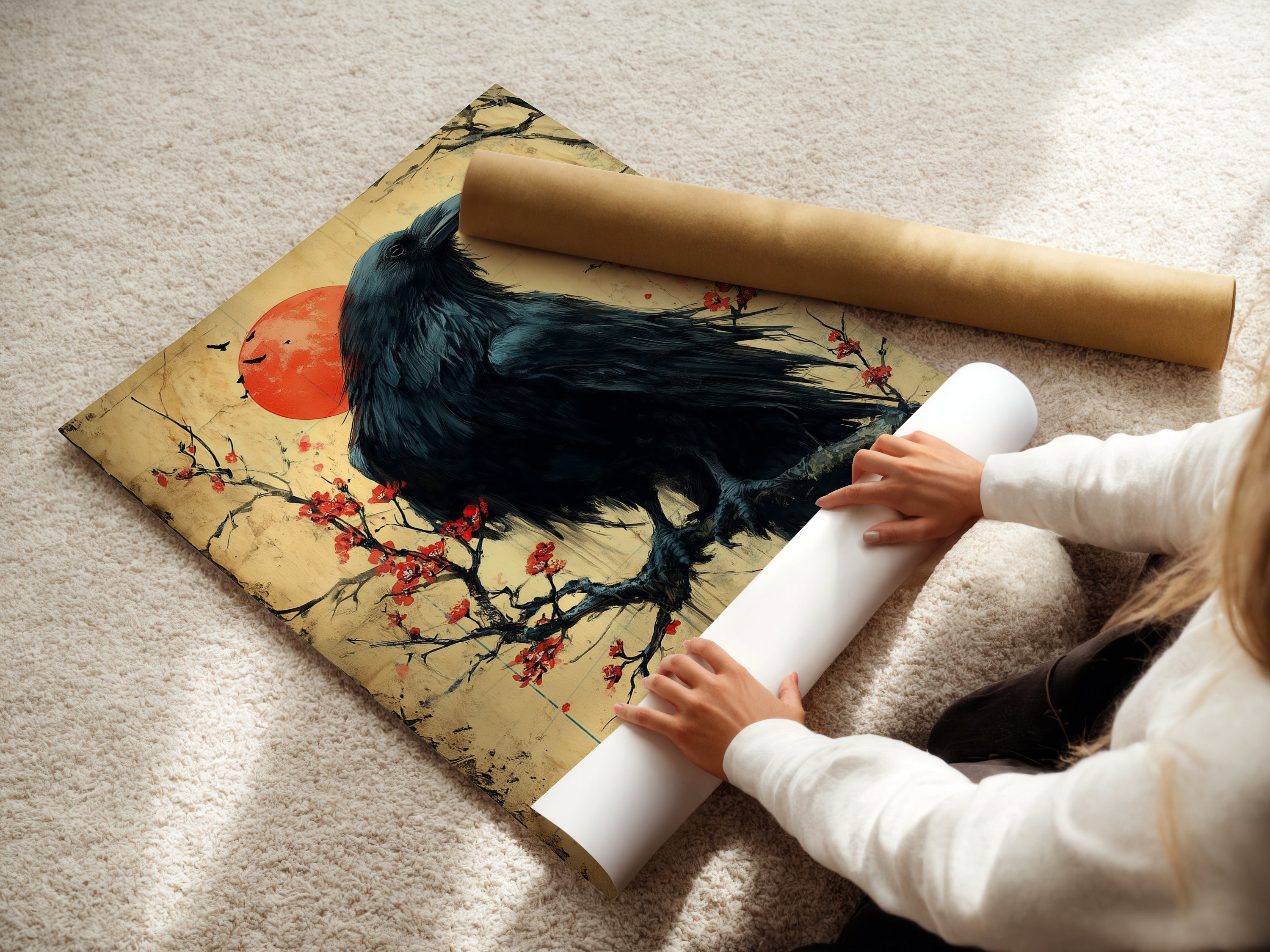 A woman rolling a fine art poster paper of a raven artwork. The Japanese art wall decor features a bird on a cherry blossom branch. This zen wall art is perfect for creative spaces and office art.