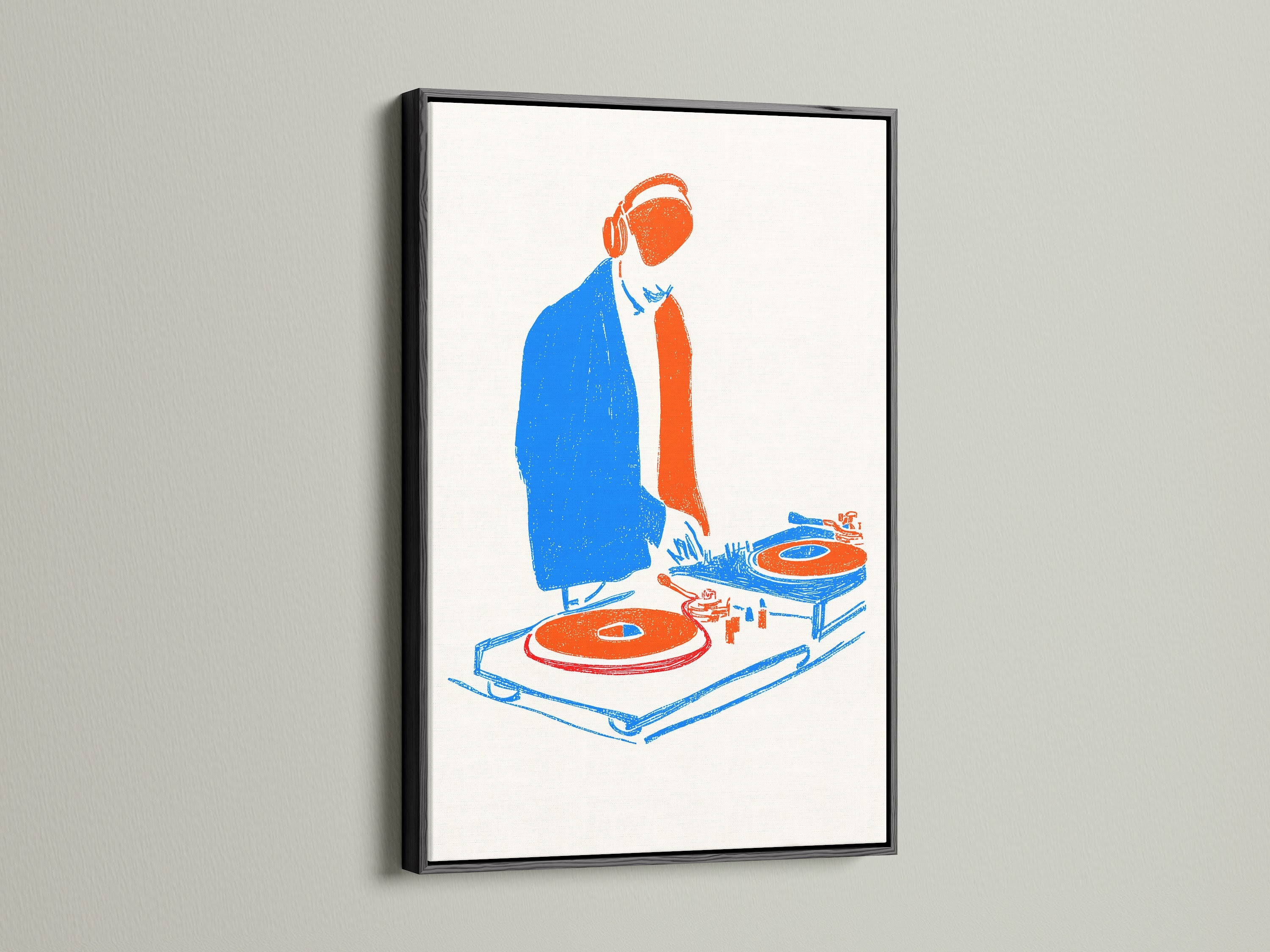 DJ Turntable artwork is presented in a black frame. The artwork adds a sleek touch to music wall art. The black frame emphasizes the vibrant colors. This is ideal for retro poster collections and DJ wall decor. The framed art print fits well in studio wall art. This is a must-have for DJs.