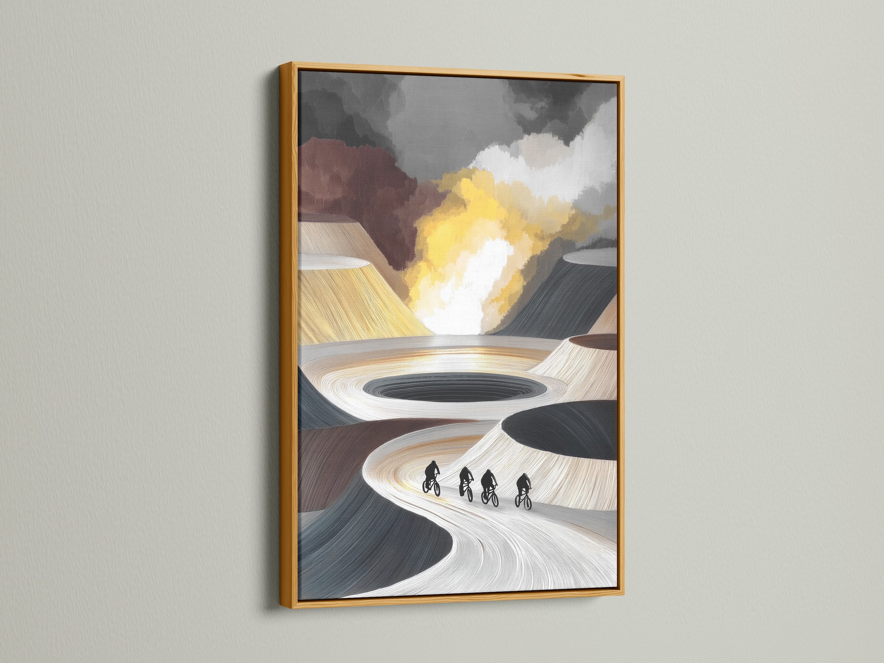 Gold frame showcases cyclists abstract art. The canvas print features neutral wall art. Modern prints complement any space. Perfect for minimalist art lovers. Ideal as office wall art.
