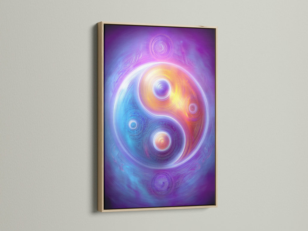 A close-up showcases a Yin Yang canvas artwork with an oak frame. This cosmic spiritual wall art is ideal for adding zen to your space. The purple rainbow galaxy poster promotes mindfulness decor.