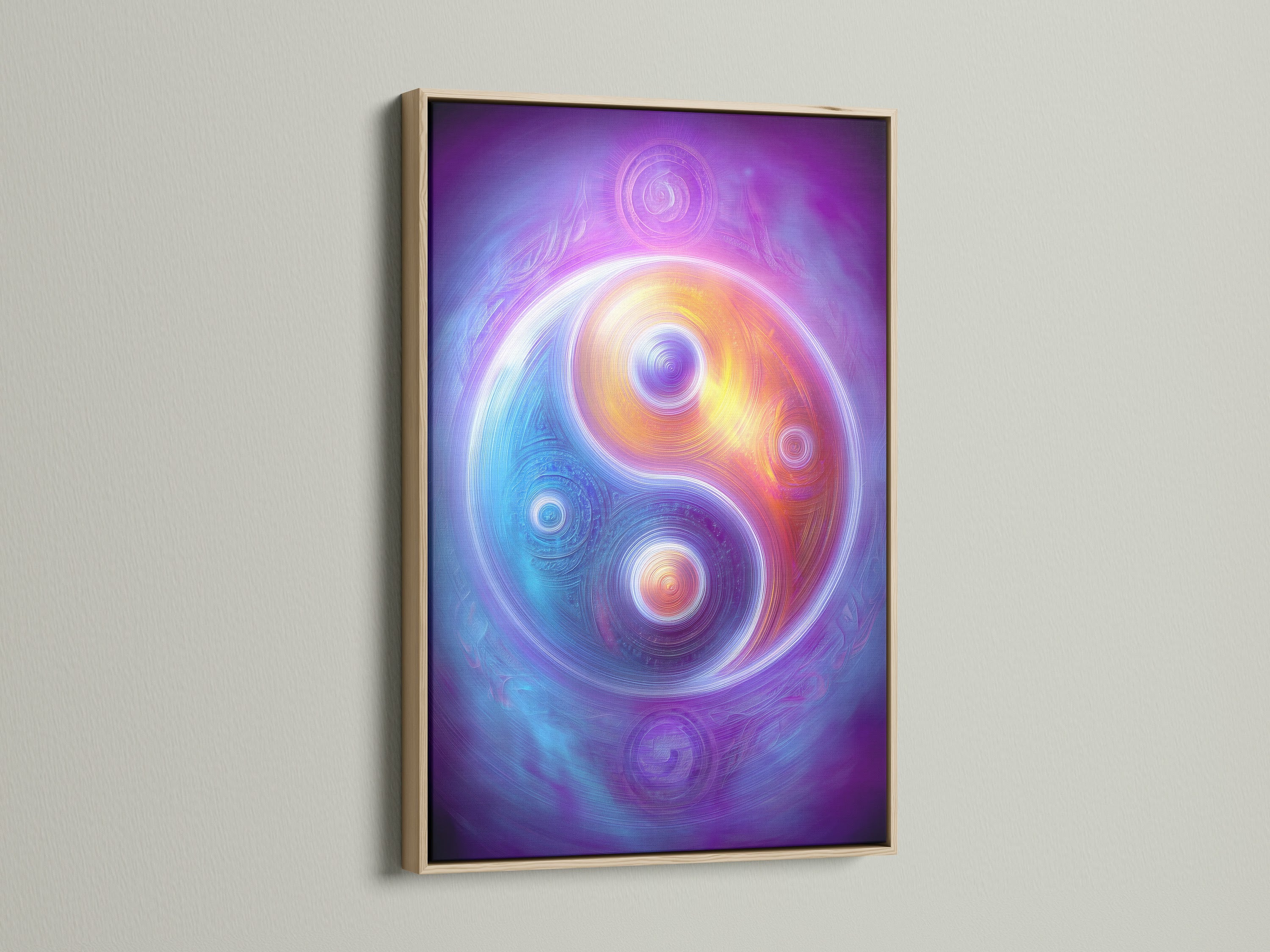 A close-up showcases a Yin Yang canvas artwork with an oak frame. This cosmic spiritual wall art is ideal for adding zen to your space. The purple rainbow galaxy poster promotes mindfulness decor.
