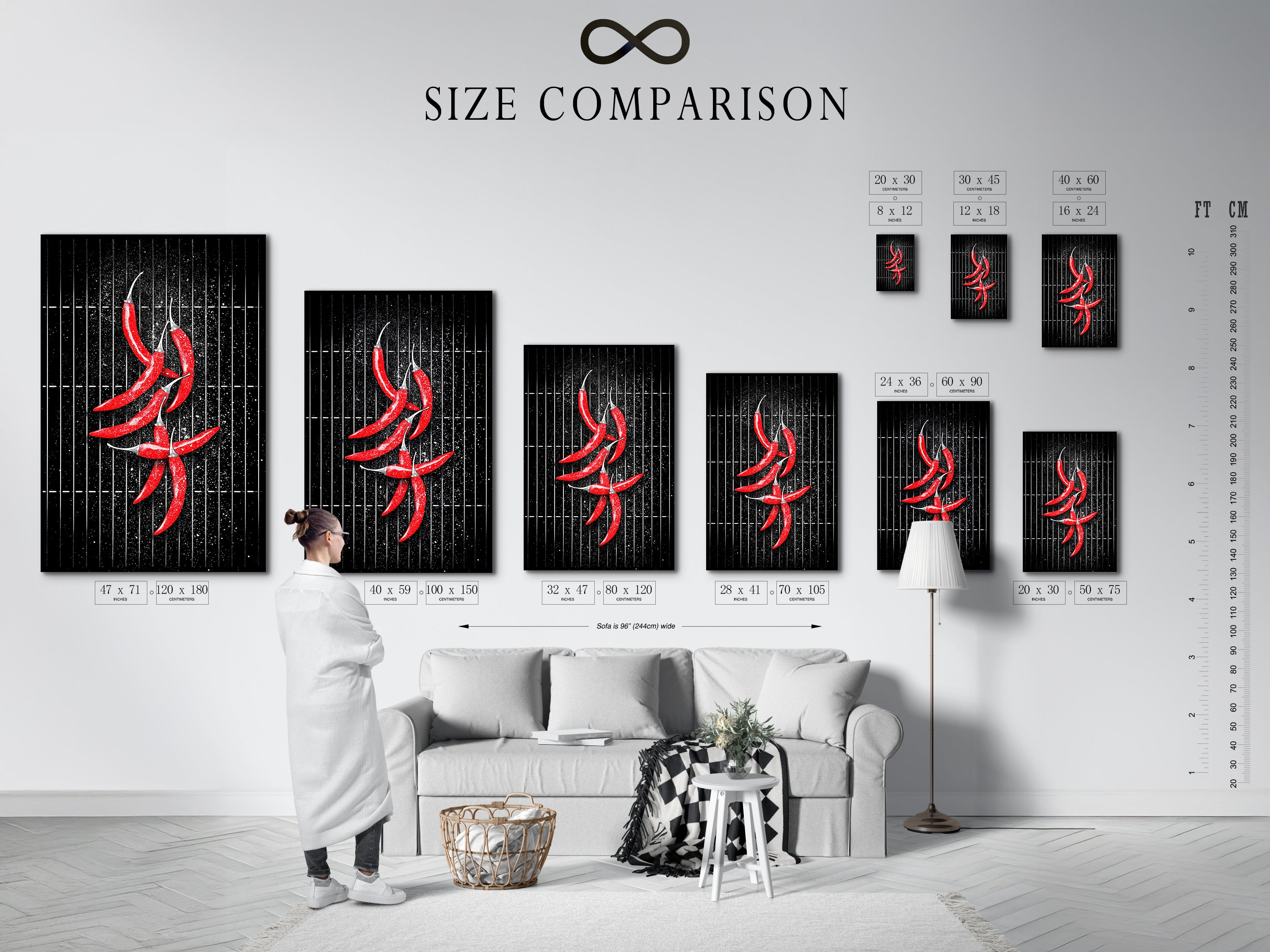 A size comparison chart in an interior setting. This chart shows how the chili pepper artwork fits in various spaces. Choose the perfect size for your kitchen wall decor. Find the ideal fit for your dining room. Modern minimalist style art.