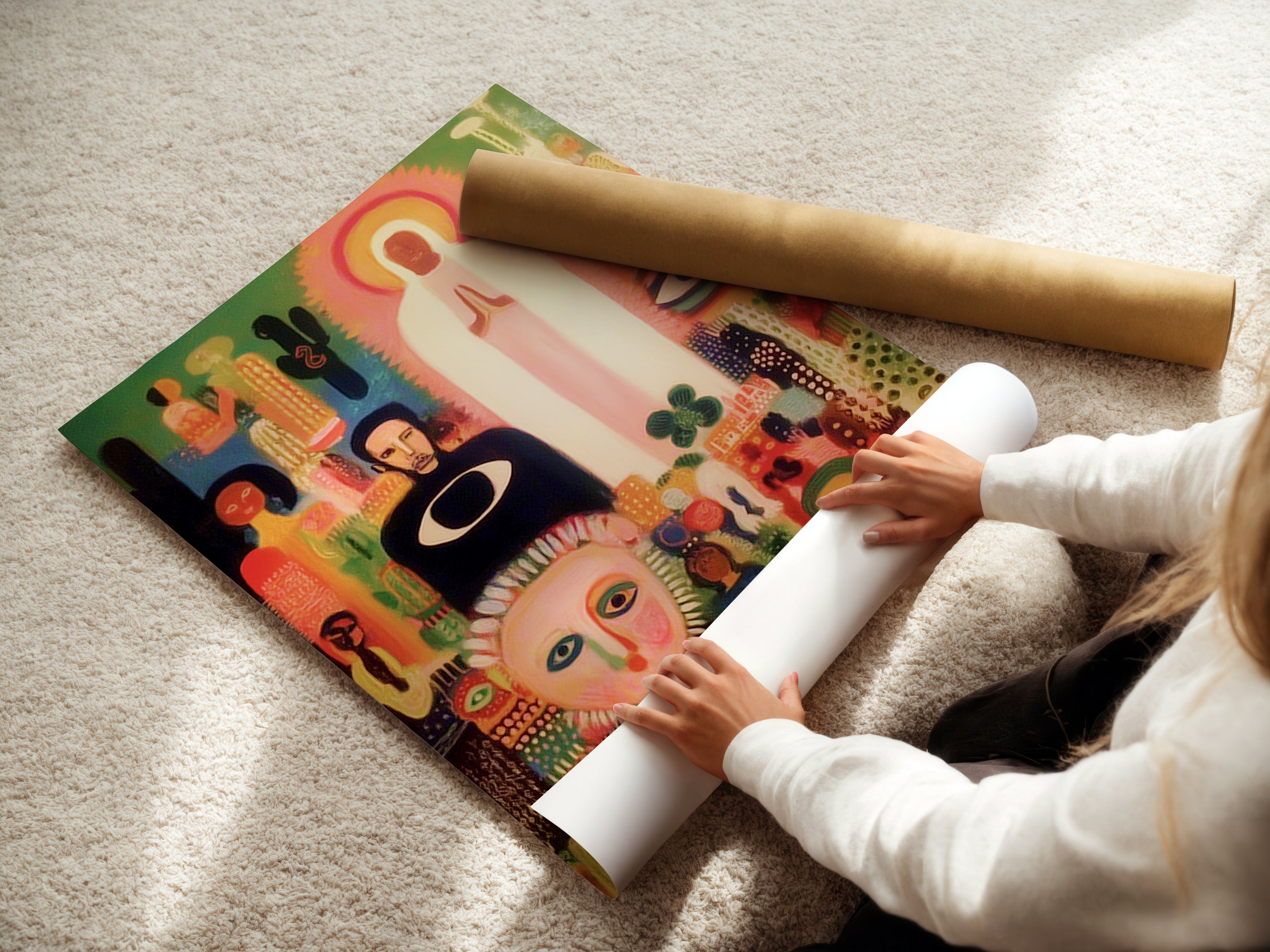 A woman carefully rolling a fine art poster paper. The poster features folk art. It has mystical spiritual elements. Ideal for those who appreciate abstract faces art. The fine art paper ensures high quality and longevity. Perfect for framing.