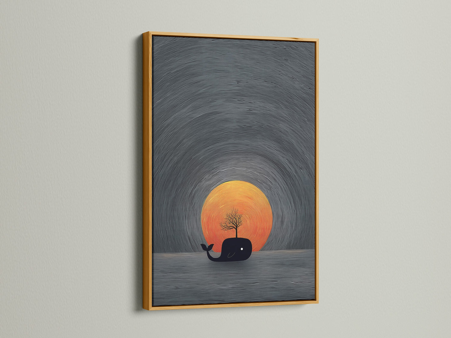 This gold frame features a stunning whale sunset canvas print. It brings a touch of nautical charm to any room. The minimalist ocean artwork is perfect for coastal home decor. Add a touch of surreal art to your walls.