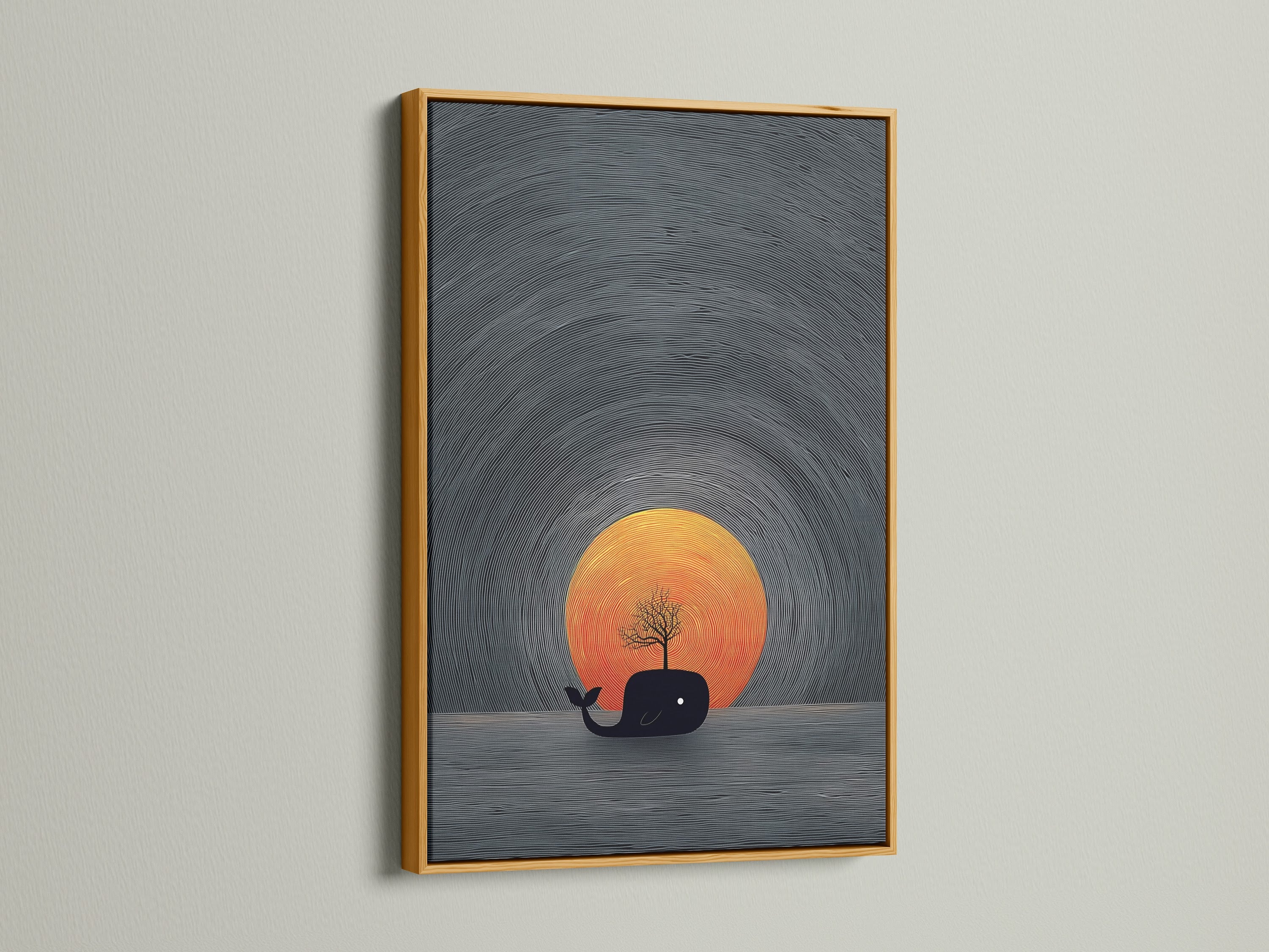 This gold frame features a stunning whale sunset canvas print. It brings a touch of nautical charm to any room. The minimalist ocean artwork is perfect for coastal home decor. Add a touch of surreal art to your walls.