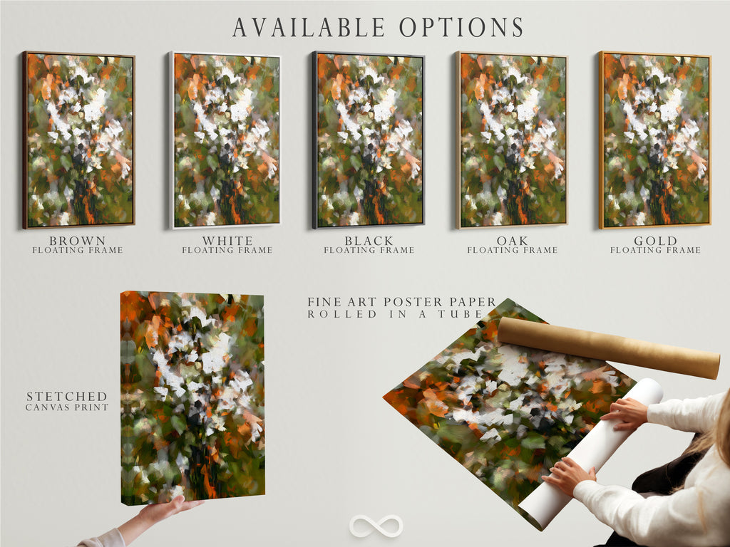 Available options include stretched canvas print fine art poster paper and floating frame. Select your preferred style for abstract floral art. Customize your artwork to match your decor. Each option offers a unique way to display your art. Find the perfect fit today.