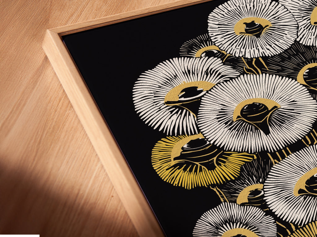 A close-up shows a canvas print in a floating frame. Notice the abstract floral tree artwork detail. The gold botanical elements add sophistication. Ideal modern graphic artwork for any room.