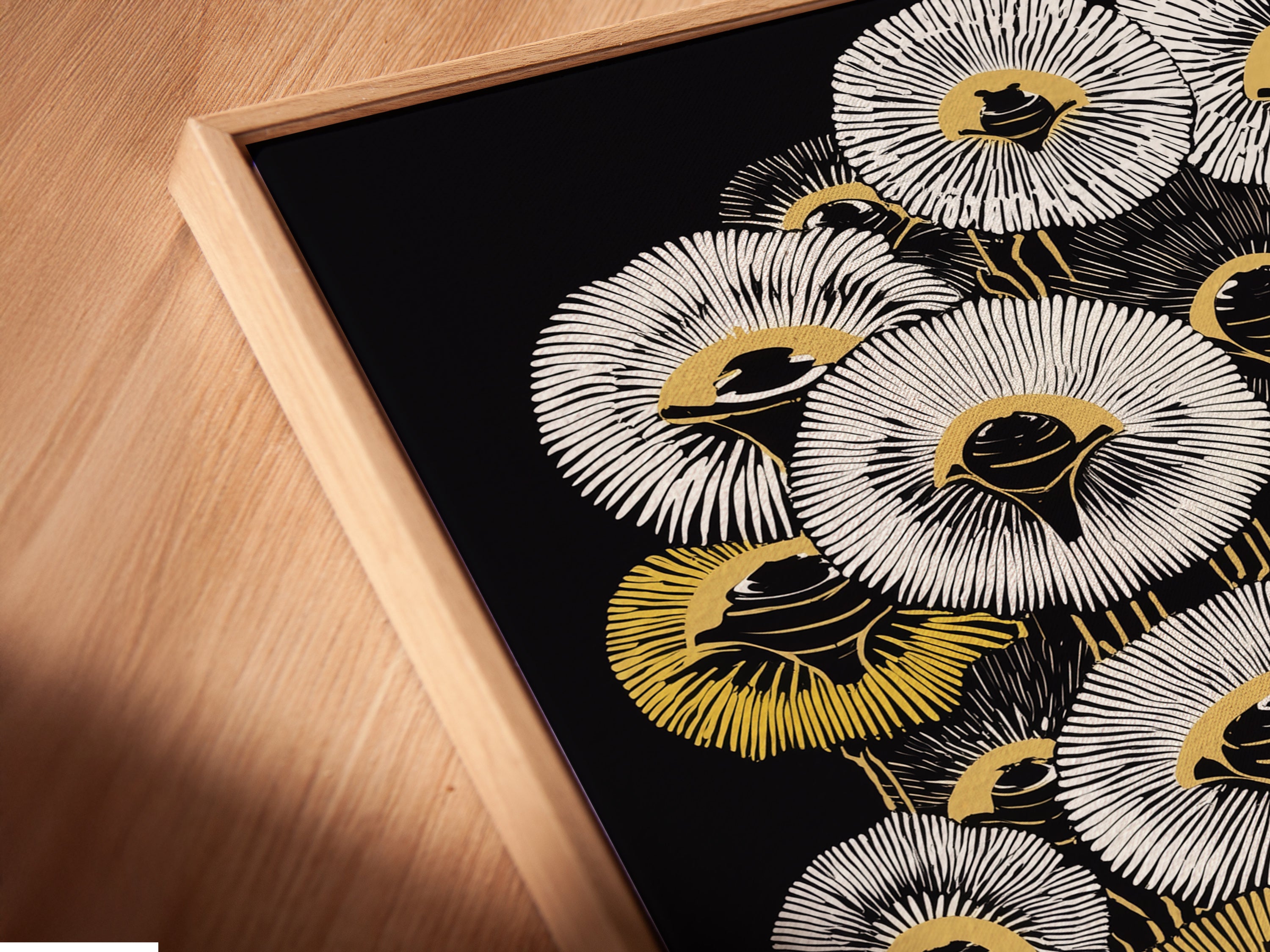 A close-up shows a canvas print in a floating frame. Notice the abstract floral tree artwork detail. The gold botanical elements add sophistication. Ideal modern graphic artwork for any room.