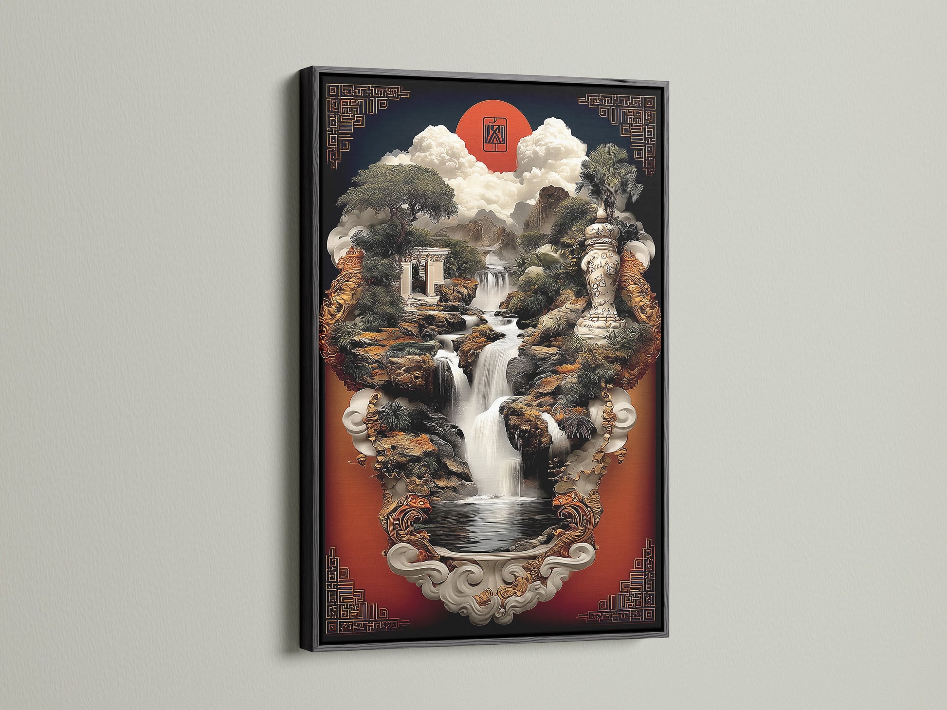 Black frame featuring a waterfall landscape canvas print. Discover the beauty of this Asian Zen Garden Wall Art. The oriental style artwork adds a spiritual touch. Perfect serene scenery for calming art and meditation.