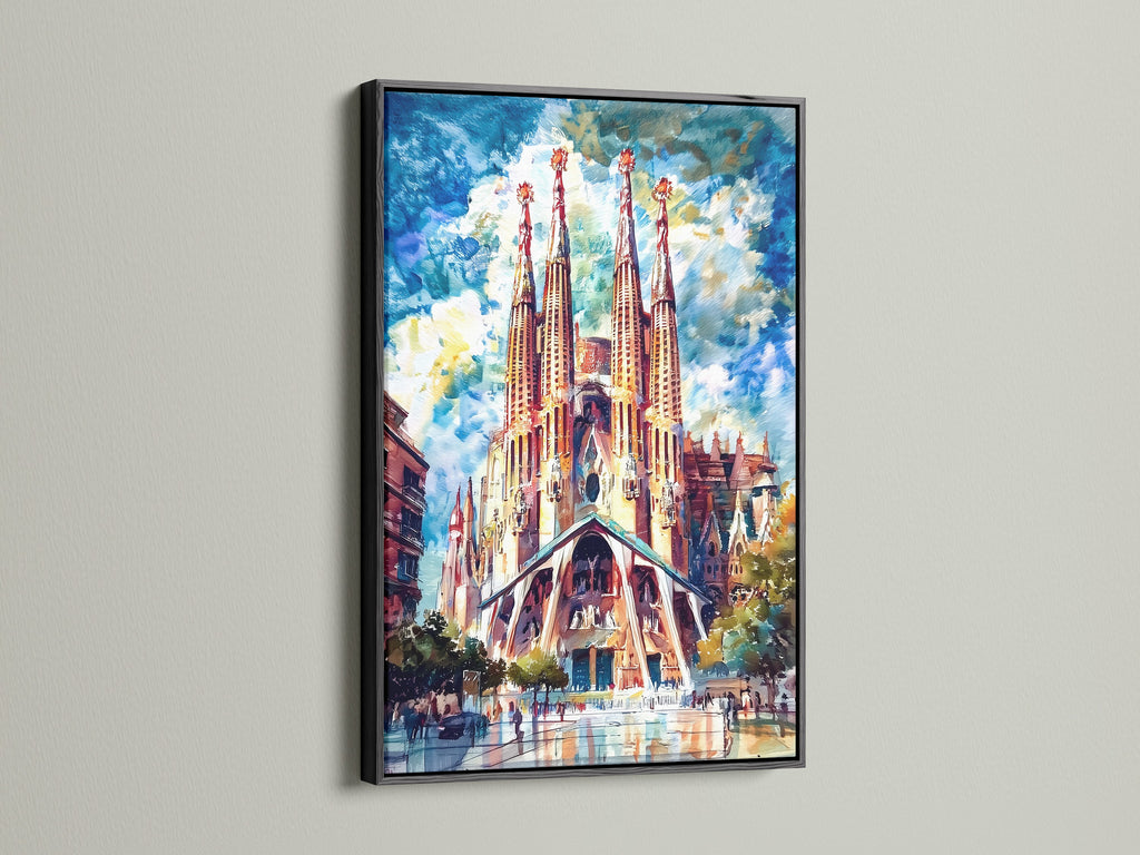 Sagrada Familia artwork with a black frame. This Barcelona wall art makes a bold statement. The cathedral canvas brings gothic architecture to life. Ideal for office wall decor or home art. Add drama to your space.