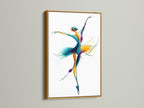 Framed ballet dancer artwork with a gold frame.  This wall art features a watercolor dance illustration.  Perfect contemporary movement artwork for a dance studio. The primary color is blue. The secondary color is gold. This will look amazing in a lobby or office.
