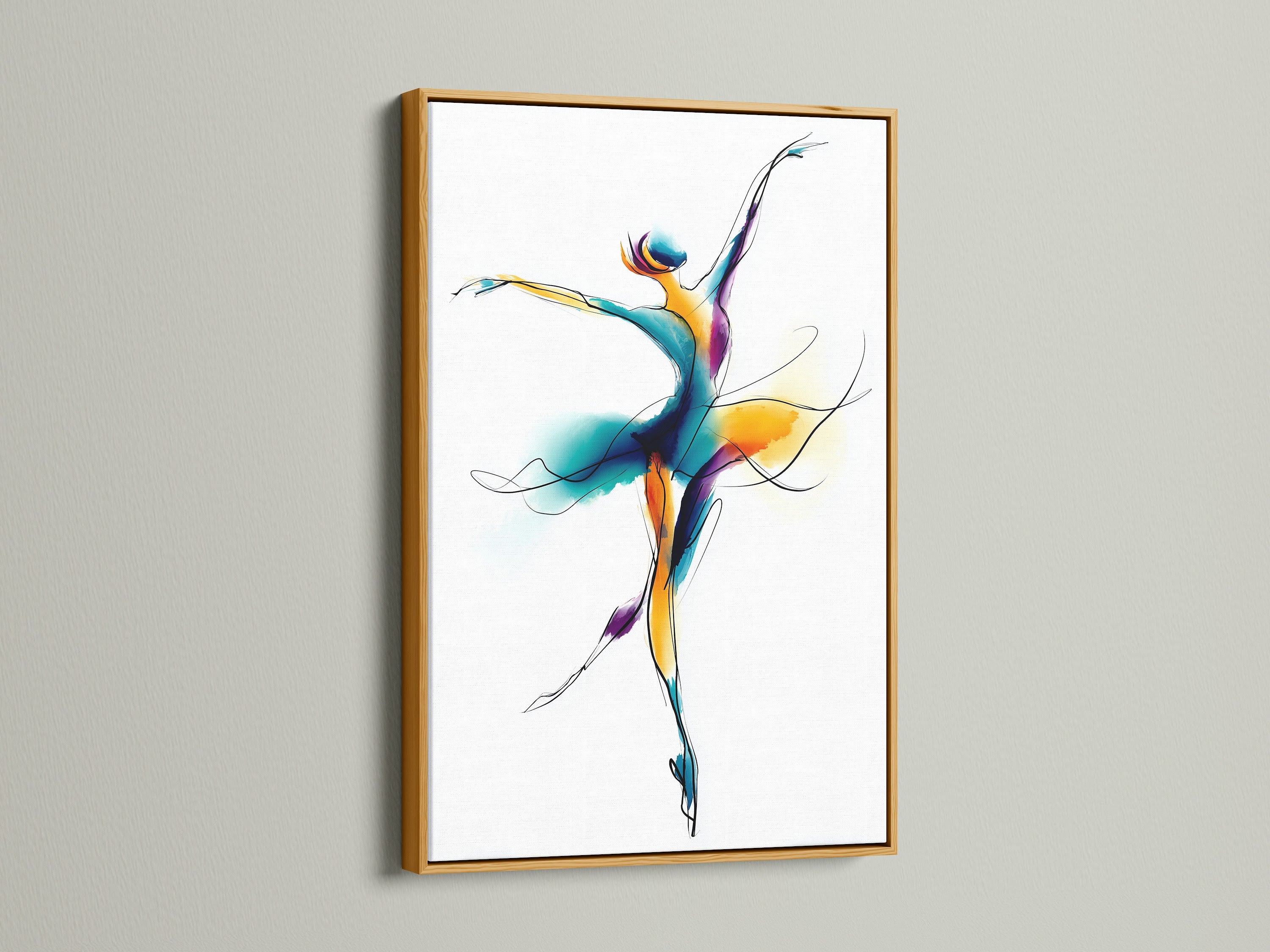 Framed ballet dancer artwork with a gold frame.  This wall art features a watercolor dance illustration.  Perfect contemporary movement artwork for a dance studio. The primary color is blue. The secondary color is gold. This will look amazing in a lobby or office.