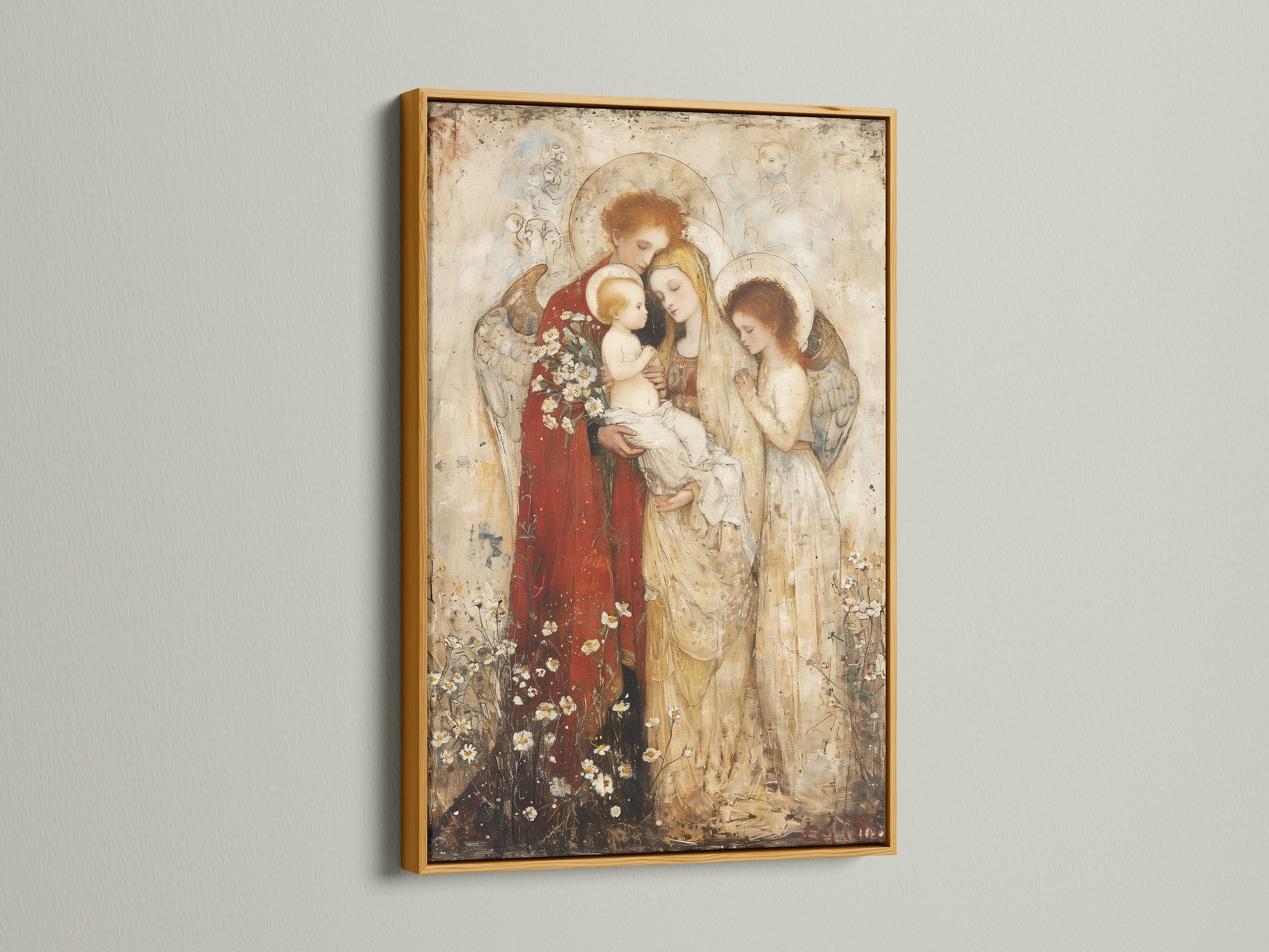 Madonna and Child Renaissance religious artwork in a gold frame. The beige primary color blends with brown secondary colors. Elevate your space with this vintage canvas art. Perfect today.