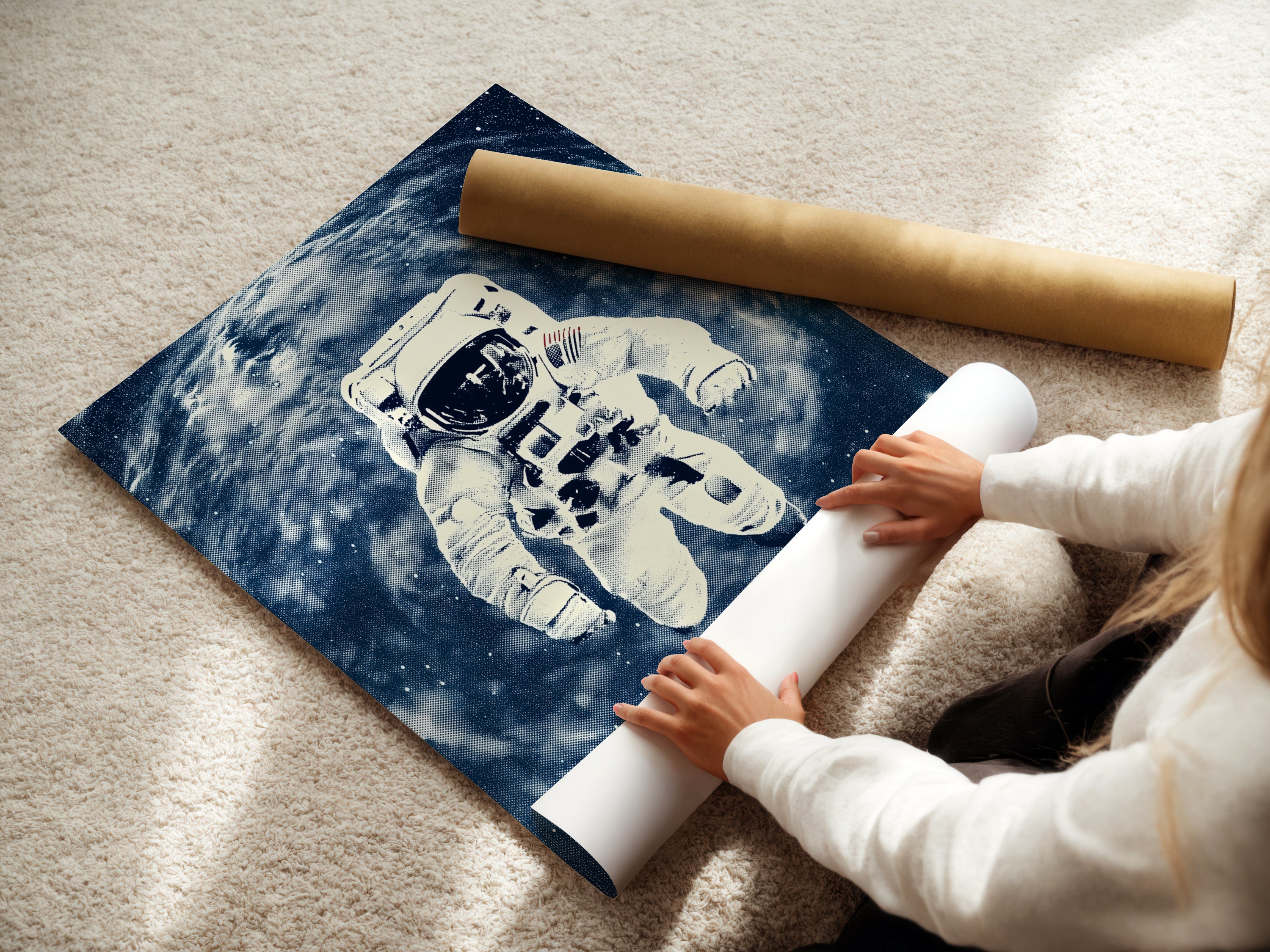 A woman carefully rolls a fine art poster paper featuring astronaut space art. The blue galaxy artwork is preserved. This NASA poster is perfect for office decor. It is ideal for space themed decor or cosmic art enthusiasts.