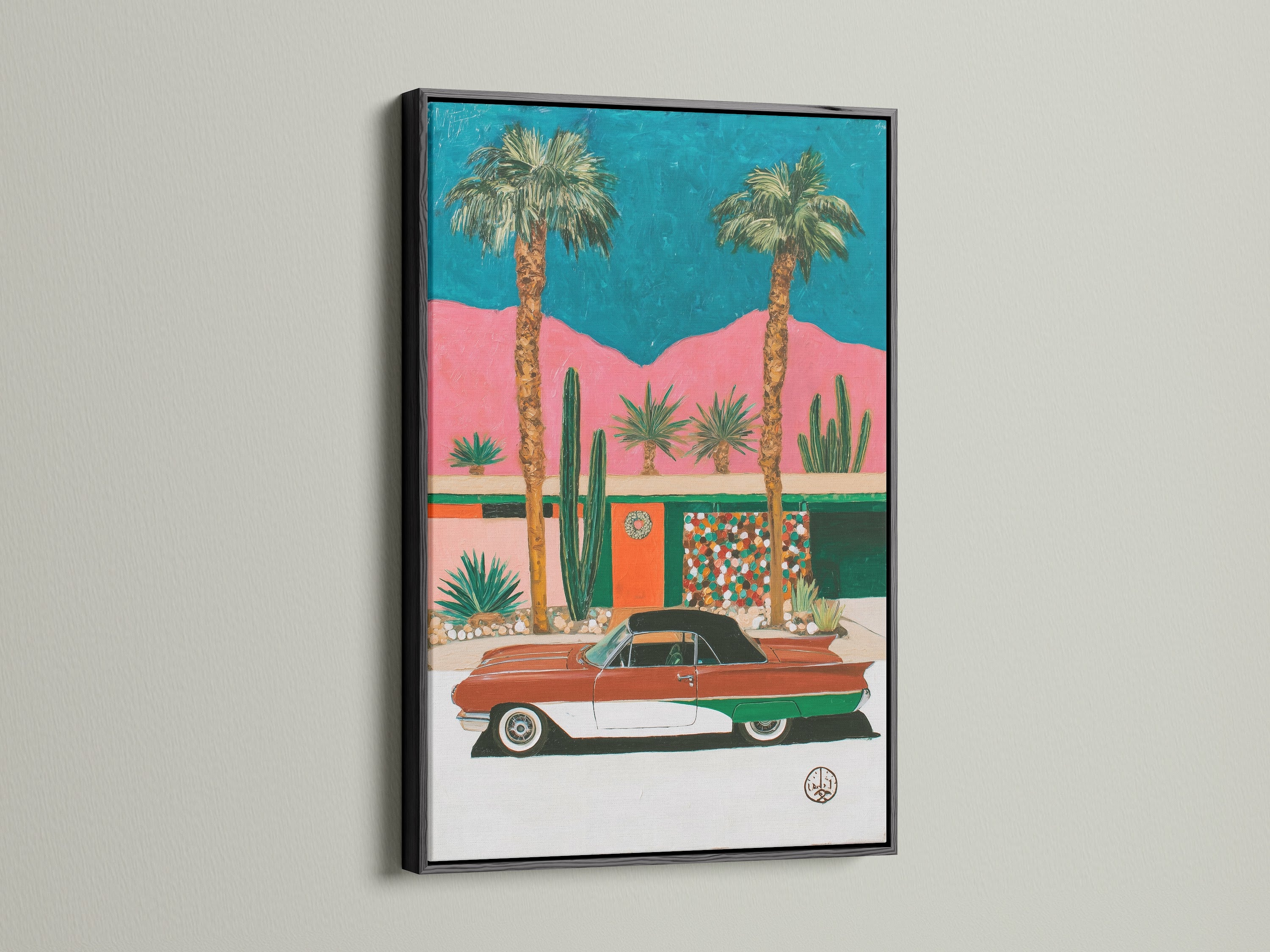 Retro Palm Springs art print presented in a sleek black frame. This modern desert wall art features a vintage car against a vibrant backdrop. The black frame enhances the artwork's colors. It makes it a striking addition to any contemporary space. Perfect for office decor.