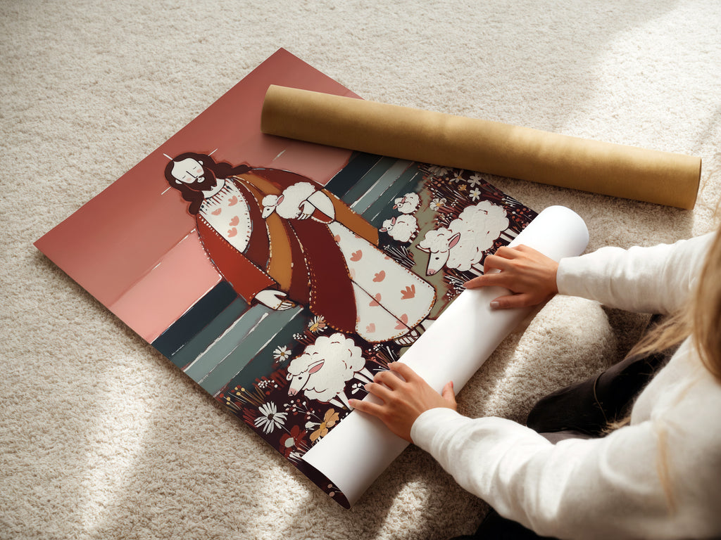 A woman carefully rolling a fine art poster paper. She prepares the artwork for framing. The archival quality poster paper ensures longevity. The fine art paper enhances color vibrancy. Protecting art with care.