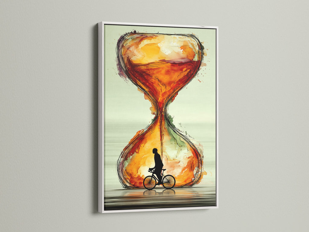 The 'Hourglass Canvas Print' is elegantly framed in white. This abstract sienna artwork adds sophistication to any space. The cyclist silhouette within the hourglass symbolizes time. It is a unique piece for modern art lovers. Perfect as office wall art or a cyclist gift.
