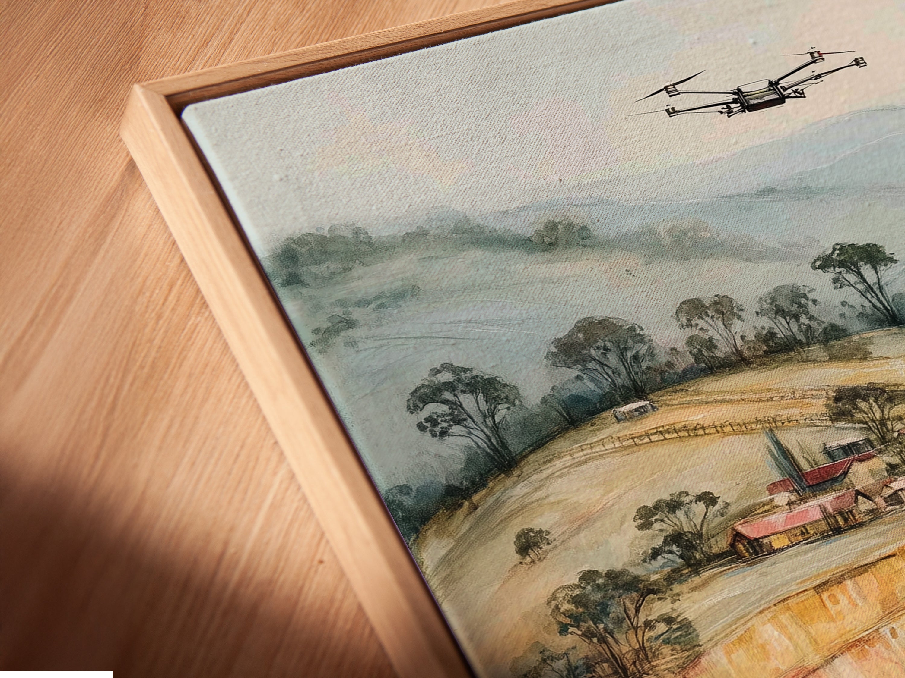 A close-up of a canvas print in a floating frame. The abstract artwork showcases a watercolor hole. The floating frame adds a touch of sophistication. Perfect for modern and industrial wall art. This piece enhances any space.