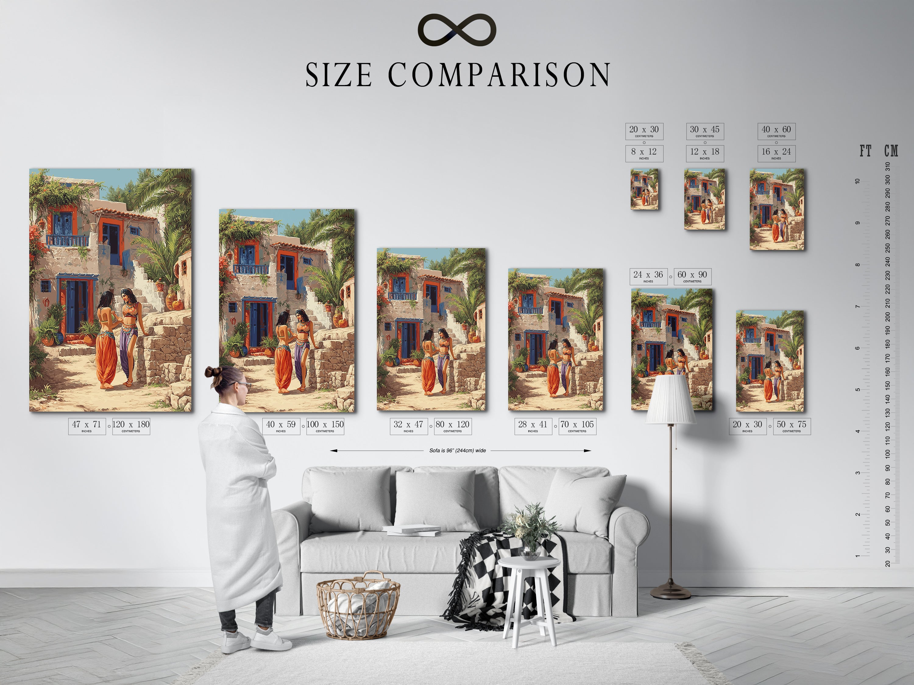 Size comparison chart displayed in an interior setting. See how this bohemian art fits into your space. The women print is perfect for mediterranean decor. This teal wall art adds a touch of elegance to any room. Available in various sizes to suit your needs. This colorful art is ideal for creating a globally-inspired space.