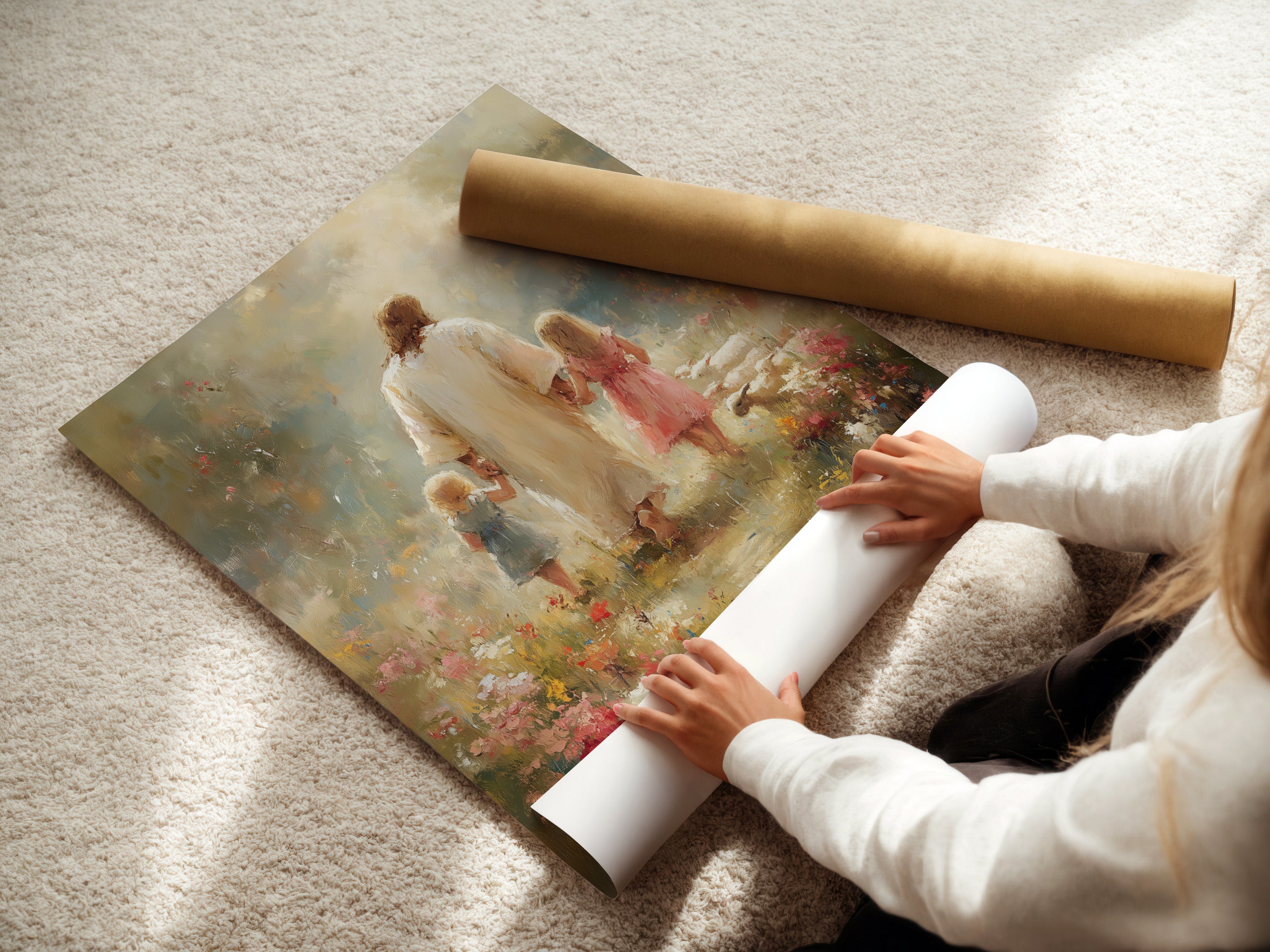 A woman carefully rolling a fine art poster paper. The poster paper is high-quality. Fine art poster paper ensures vibrant colors and lasting beauty. Explore our range of fine art prints. Order yours today.