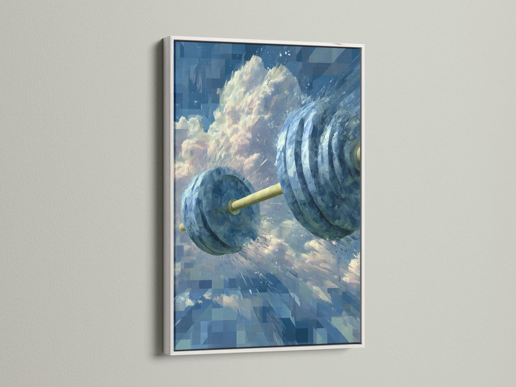 Fitness Motivation Canvas Print with a white frame. This dumbbell art print adds style to any gym room decor. It's ideal for creating a modern and minimalist home workout space. Get inspired today.