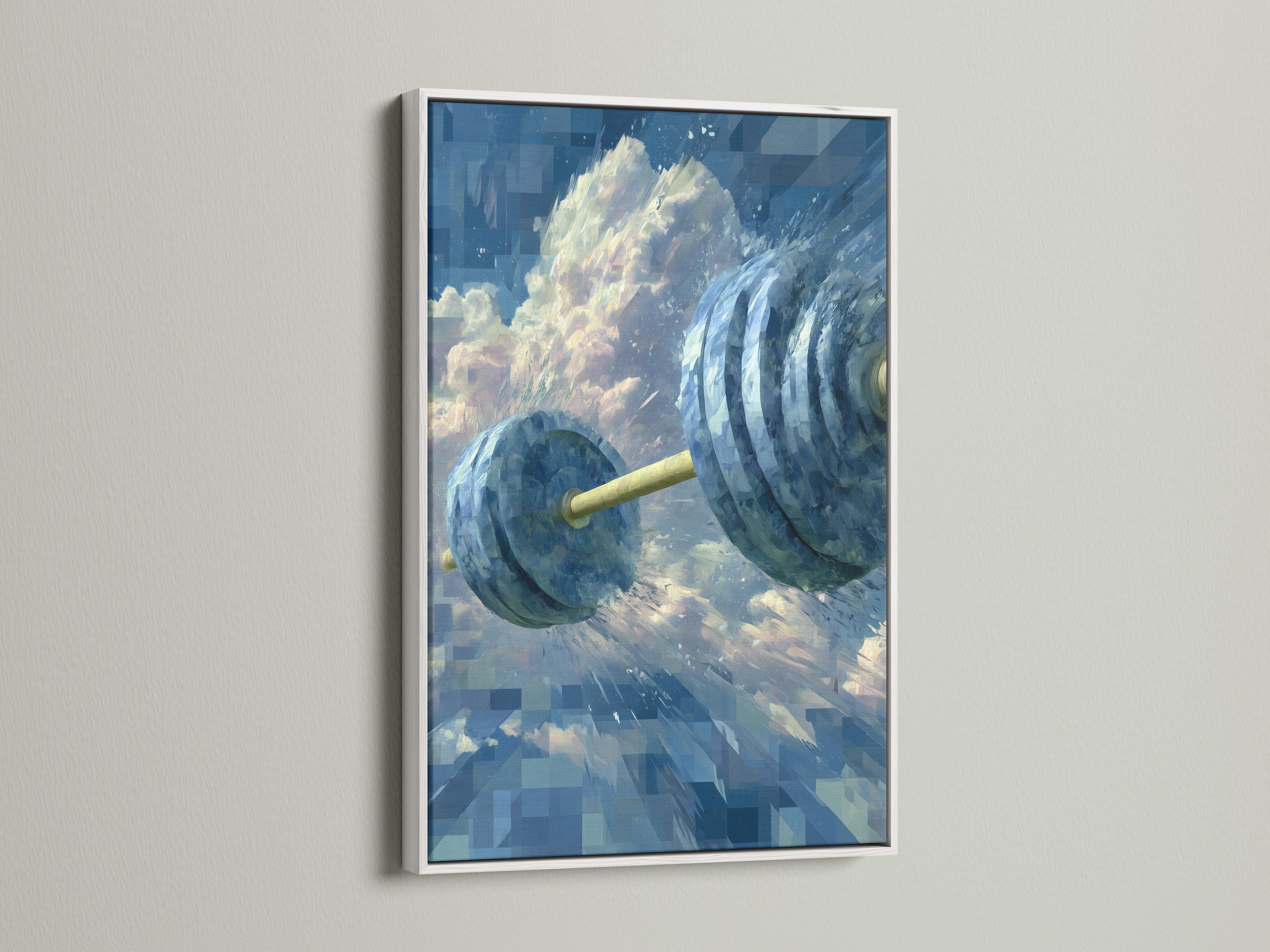 Fitness Motivation Canvas Print with a white frame. This dumbbell art print adds style to any gym room decor. It's ideal for creating a modern and minimalist home workout space. Get inspired today.