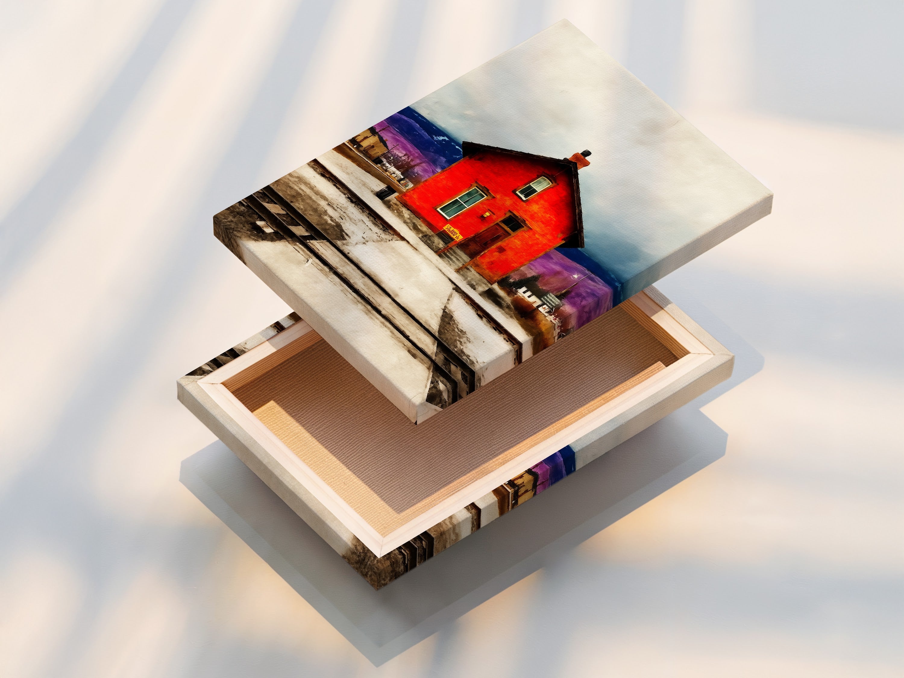 A beautifully stretched canvas print featuring a red train station. This vintage Americana wall artwork is ready to hang. It offers a rustic farmhouse aesthetic. Perfect for adding charm to any room. The stretched canvas ensures a high-quality display. The print captures a nostalgic train track scene. It is ideal for collectors of Americana art.