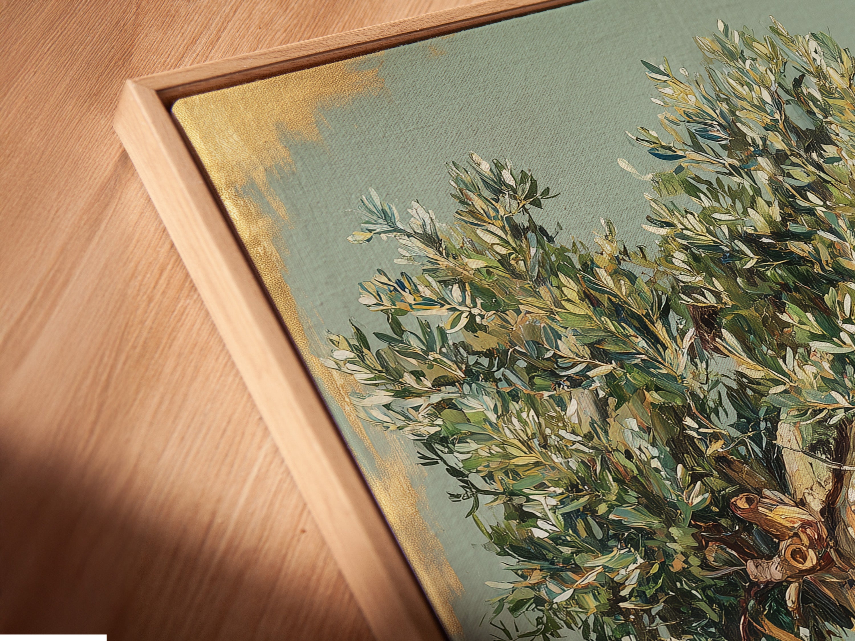 Get a close-up view of a canvas print in a floating frame. The frame creates a unique shadow effect. The art appears to float within the frame. It brings a modern gallery feel to your space.