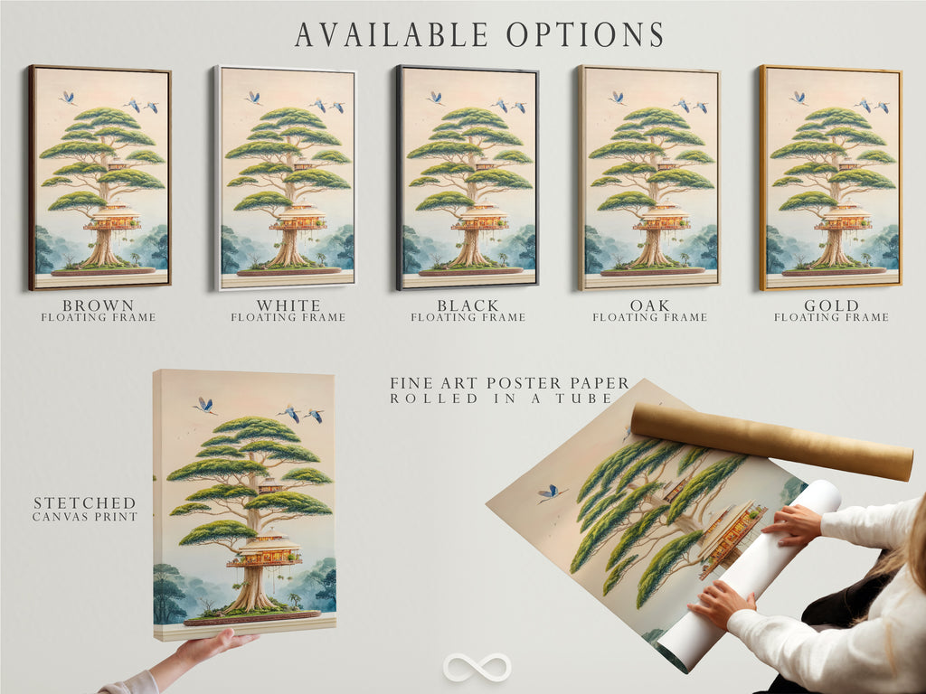 Explore available options for the Japanese Bonsai Tree House art. Choose from a stretched canvas print a fine art poster paper or a floating frame. Perfect for zen wall artwork in any room. Discover Asian-inspired artwork today.