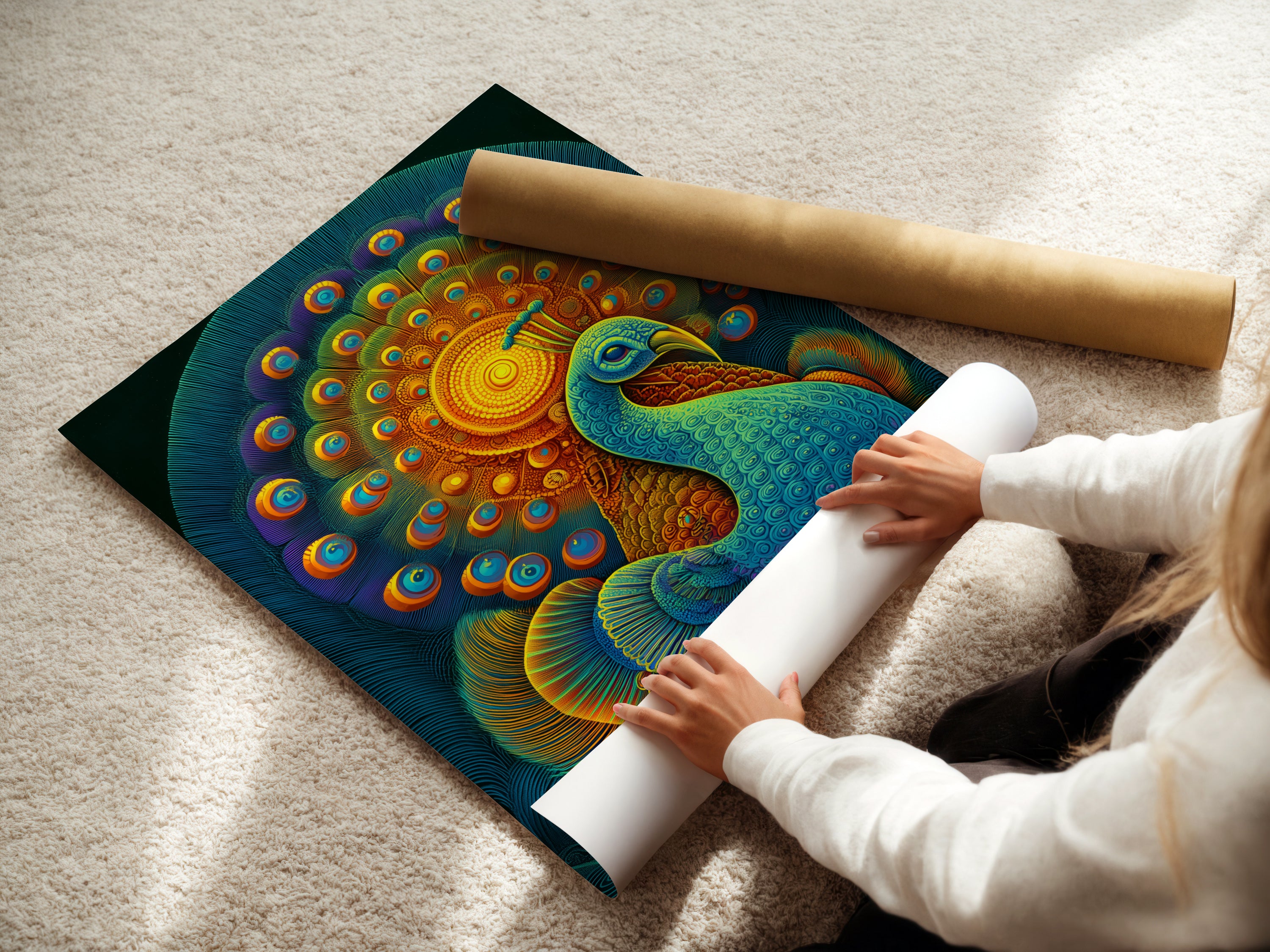 A woman is carefully rolling a fine art poster paper. The fine art poster paper ensures high-quality prints. Perfect for vibrant and detailed artwork. Get your favorite artwork printed on premium fine art paper. A great option for art collectors.