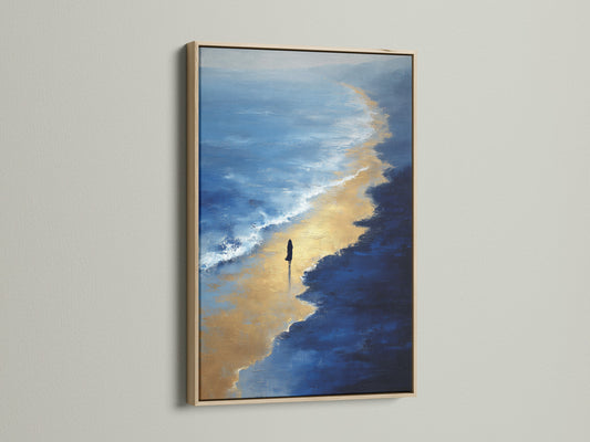 A serene Beach Walk artwork displayed in an oak frame. The artwork brings coastal charm to any space. The ocean waves create a peaceful atmosphere. This seascape artwork enhances bedroom decor. Its minimalist style complements any room.