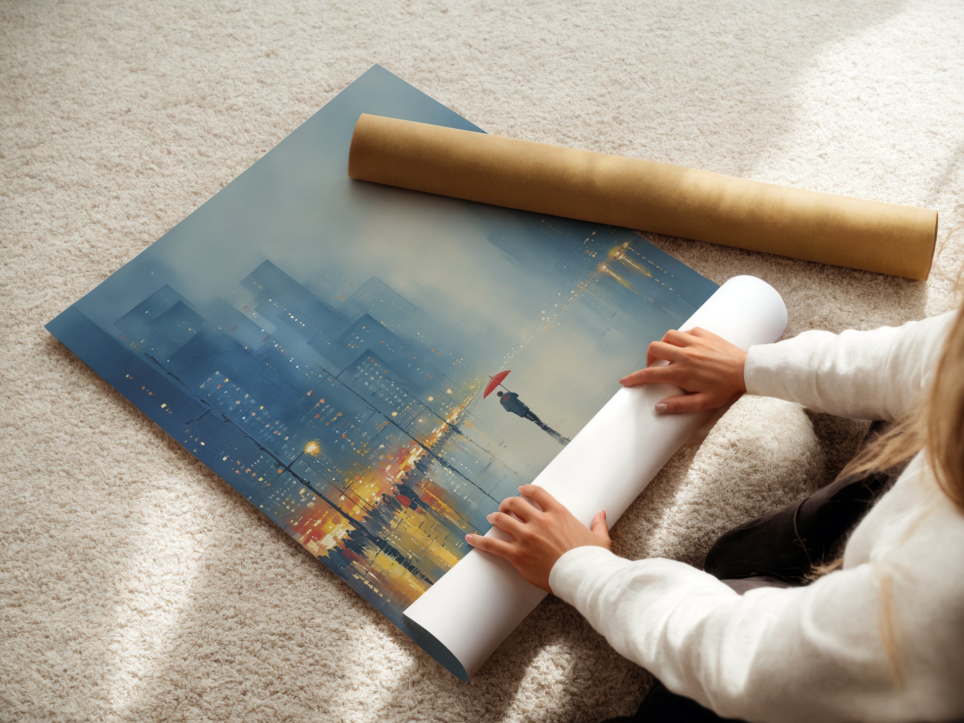 A woman is carefully rolling a fine art poster paper. This showcases the high-quality materials used for our prints. The Rainy City artwork is available on premium poster paper. This ensures vibrant colors and lasting beauty. Explore our fine art poster options for your decor.