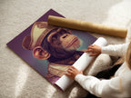 A woman is carefully rolling a fine art poster paper. This high-quality paper ensures the chimp pope art print maintains its vibrant colors and sharp details. The fine art poster paper is perfect for collectors who appreciate superior materials. It would be great for preserving the quality of their surreal wall art.