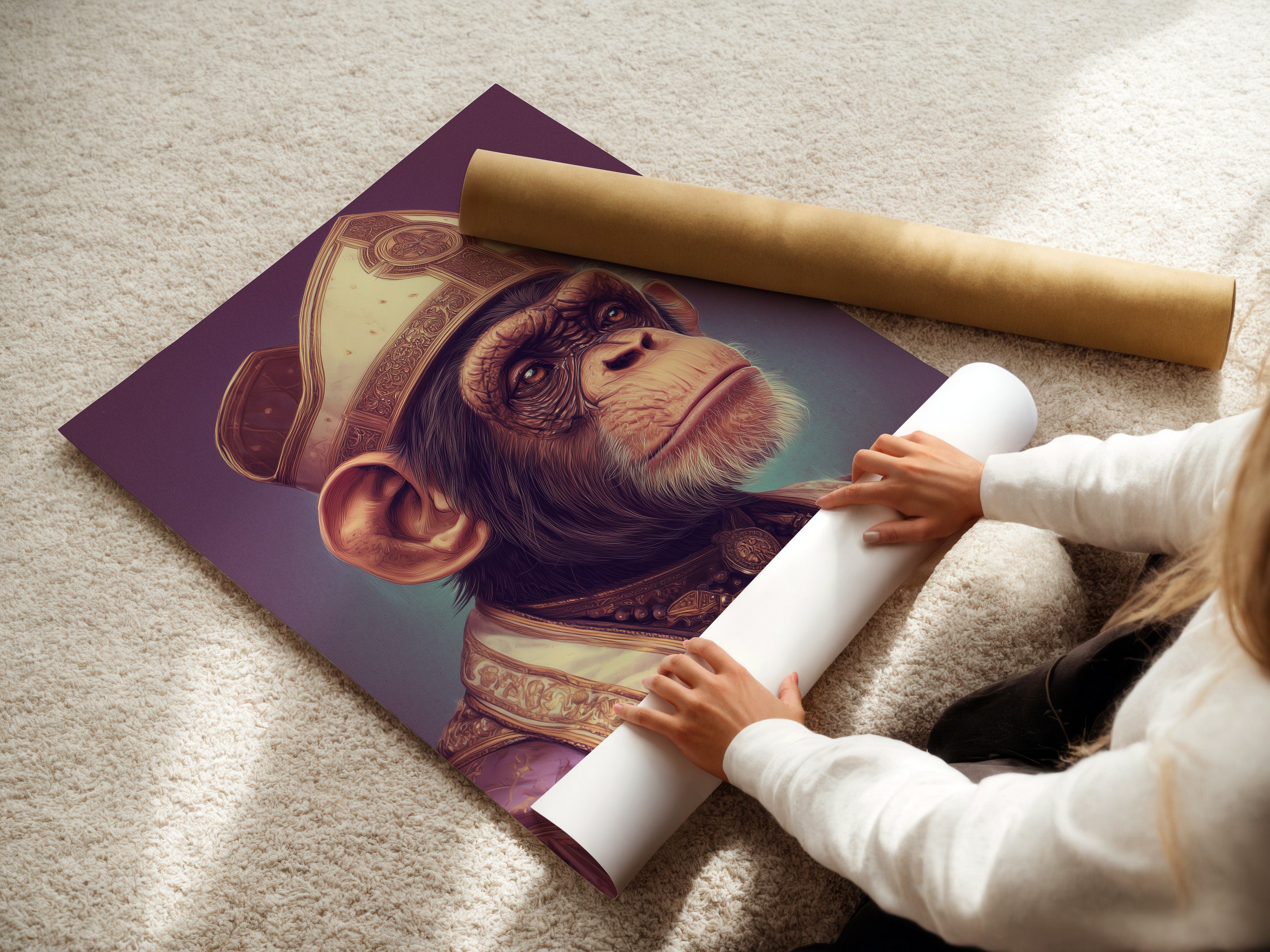 A woman is carefully rolling a fine art poster paper. This high-quality paper ensures the chimp pope art print maintains its vibrant colors and sharp details. The fine art poster paper is perfect for collectors who appreciate superior materials. It would be great for preserving the quality of their surreal wall art.