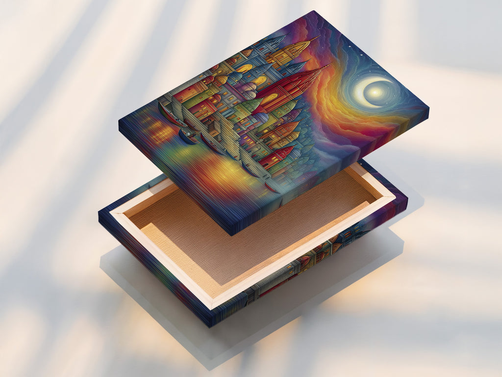 Stretched canvas print of fantasy castle artwork. The colorful medieval architecture is vibrant. This whimsical fairytale piece elevates any space. It's perfect for living rooms bedrooms offices and boutiques. The stretched canvas enhances the art.