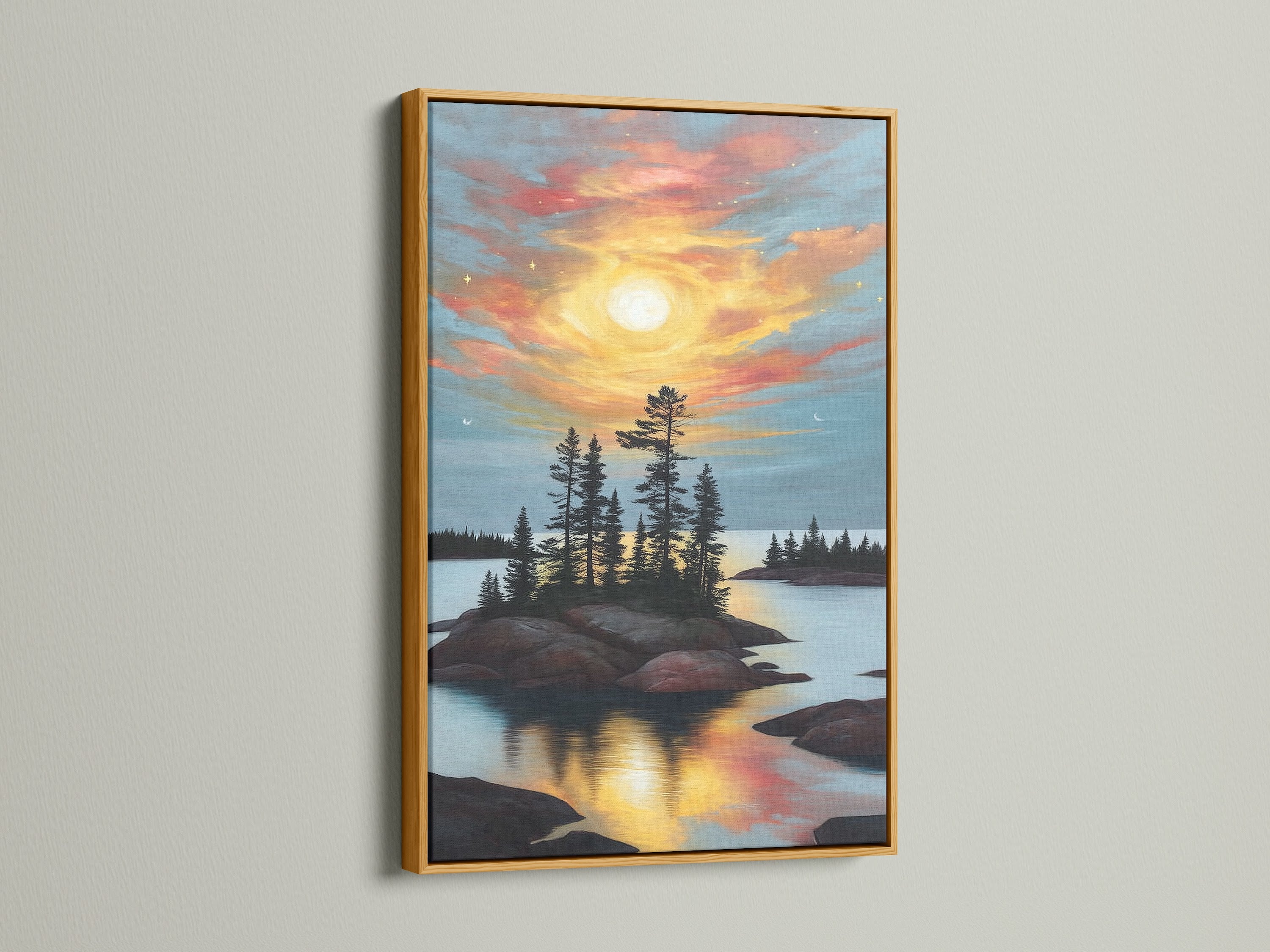 Lake Sunset Canvas Print is elegantly framed in gold. The sunset reflection and island landscape create a stunning visual. This nature artwork brings a touch of sophistication to any room. It will be perfect for lobbies.