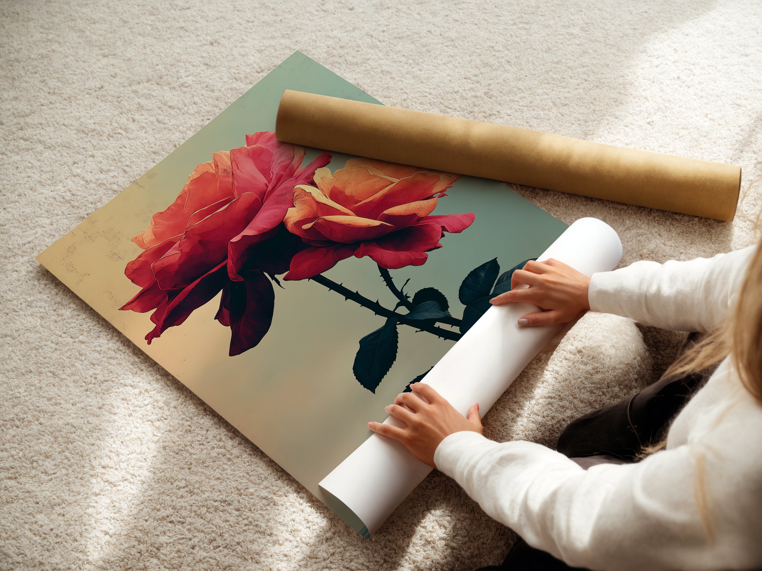 A woman is carefully rolling a fine art poster paper featuring a rose artwork. The vintage floral print showcases peach and coral hues. Ideal for creating botanical wall art or bedroom decor. This flower poster adds a touch of grace and timeless appeal to any room. Perfect for flower enthusiasts.
