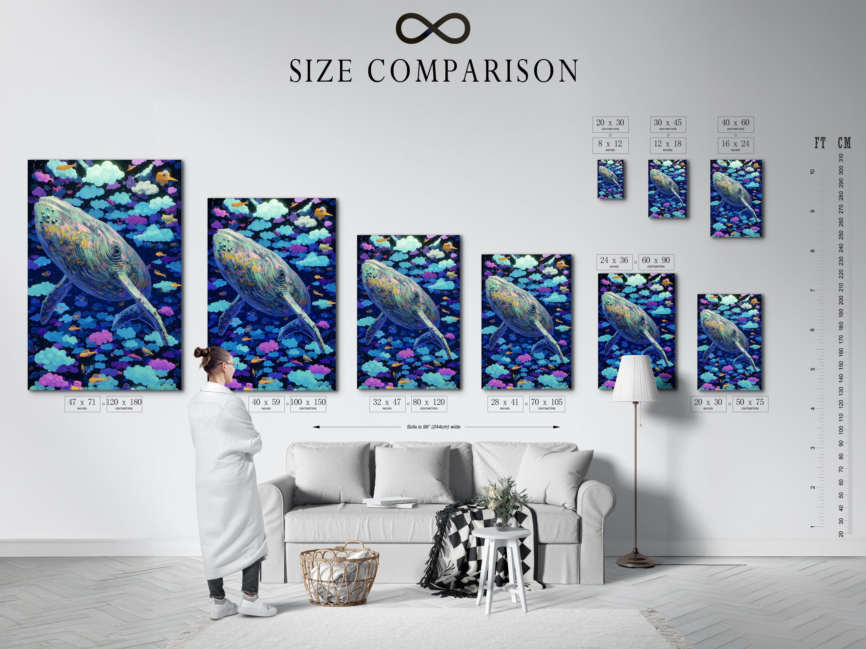 Size comparison chart in an interior setting. The Whale Canvas Print displays dreamy surreal wall art. It helps visualize the ideal size for kids room decor. Explore fantasy sea life prints and cloudscape art.