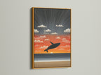 Whale Sunset horizon art in a gold frame. The gold frame adds a touch of elegance and luxury. This frame enhances the artwork's vibrant colors. It will create a stunning focal point.