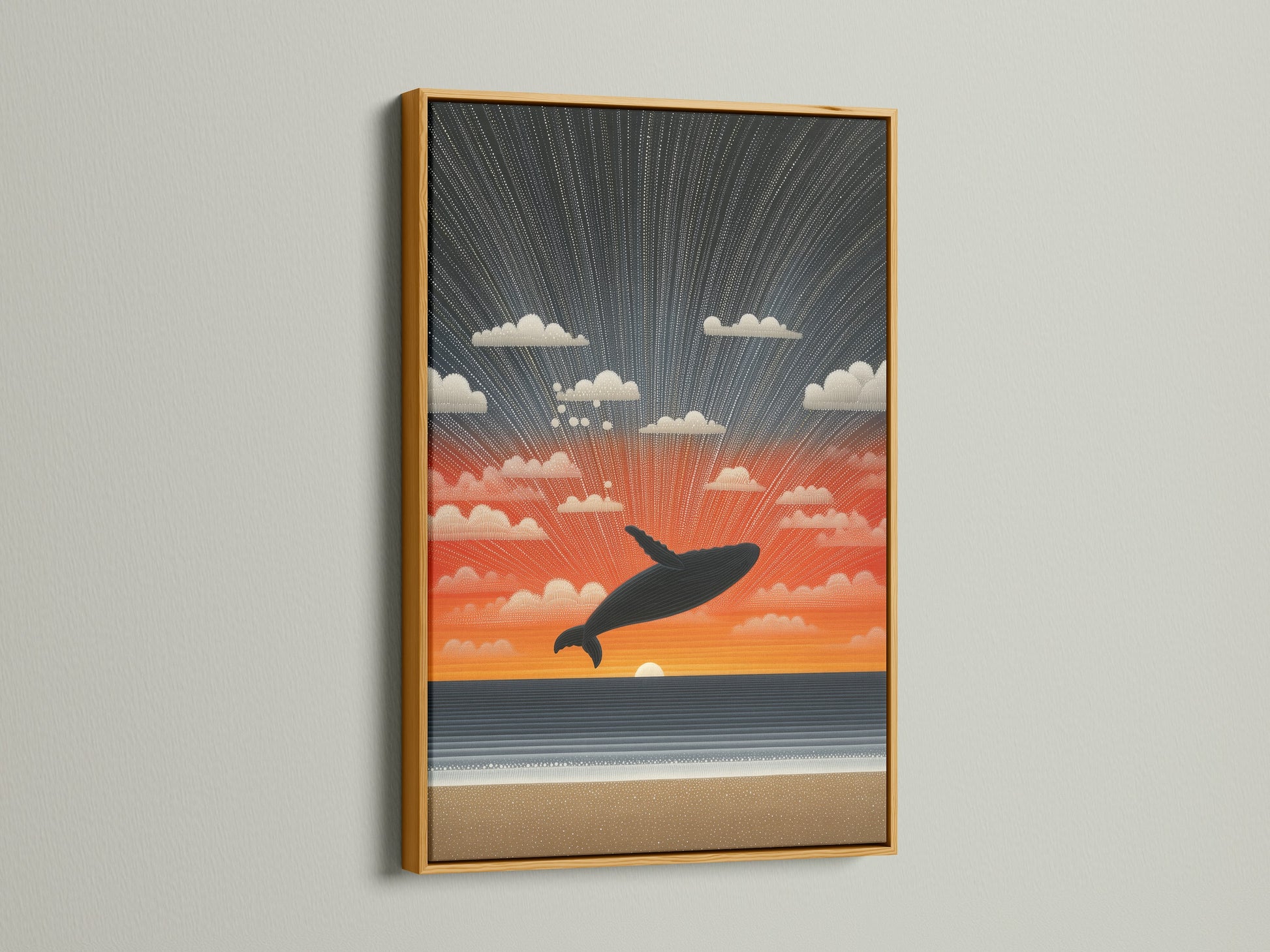Whale Sunset horizon art in a gold frame. The gold frame adds a touch of elegance and luxury. This frame enhances the artwork's vibrant colors. It will create a stunning focal point.