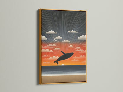 Whale Sunset horizon art in a gold frame. The gold frame adds a touch of elegance and luxury. This frame enhances the artwork's vibrant colors. It will create a stunning focal point.