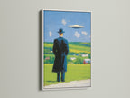 Surreal UFO wall art in a white frame. A modern canvas art print for those who appreciate mystery artwork. This fine art piece is perfect for adding intrigue to your living room bedroom or office wall.