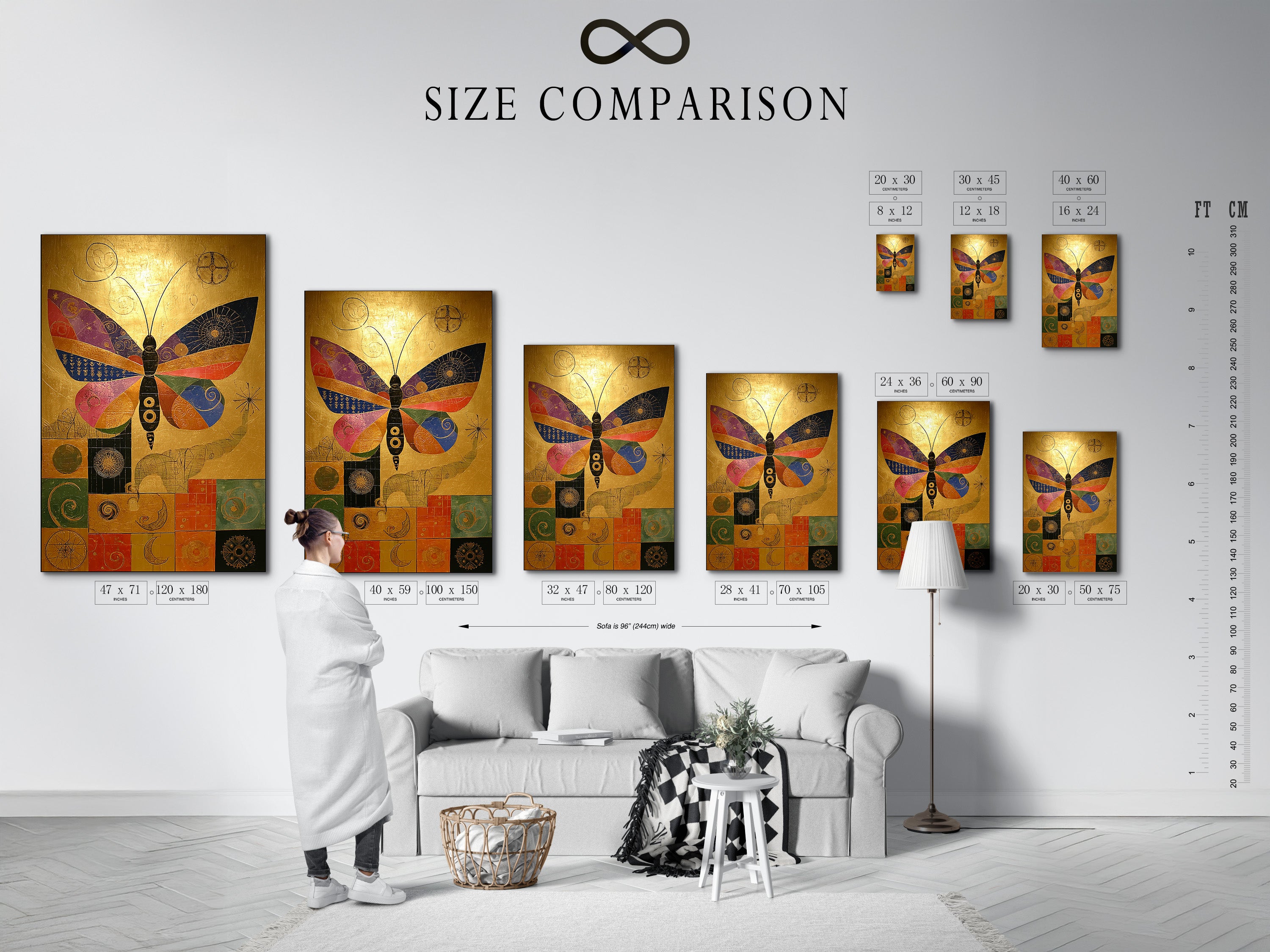 A size comparison chart is displayed in an interior setting. It helps visualize artwork dimensions. It showcases options for different spaces. Find the perfect size for your needs. It simplifies selection.