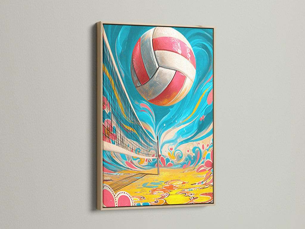 Framed volleyball artwork with an oak frame. This piece brings a beach sport vibe to any room. It’s ideal for teen rooms and sports enthusiasts. The fun game canvas adds energy. The artwork features pink and blue hues.