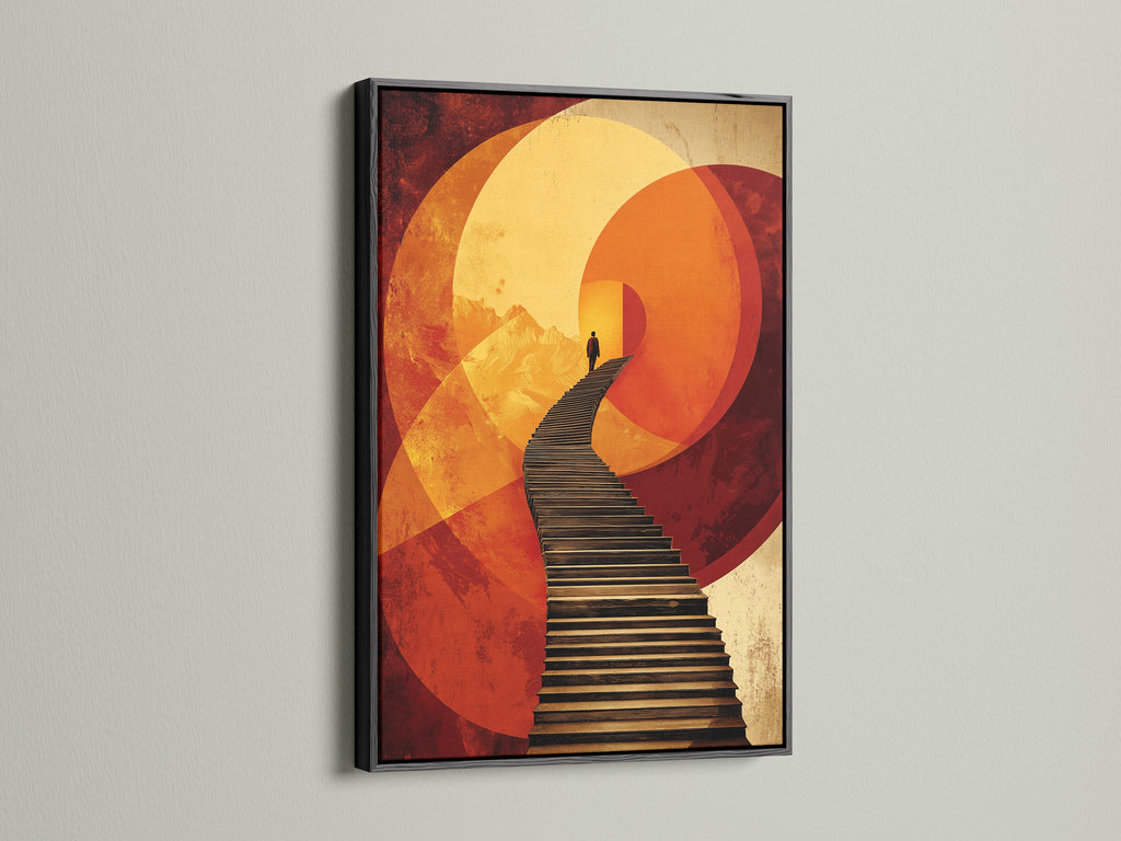 This surreal stairway canvas print is framed in sleek black. The abstract figure wall art commands attention. Geometric sunset poster for office wall decor adds drama. Consider this for a bold statement in modern art.