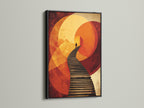 This surreal stairway canvas print is framed in sleek black. The abstract figure wall art commands attention. Geometric sunset poster for office wall decor adds drama. Consider this for a bold statement in modern art.