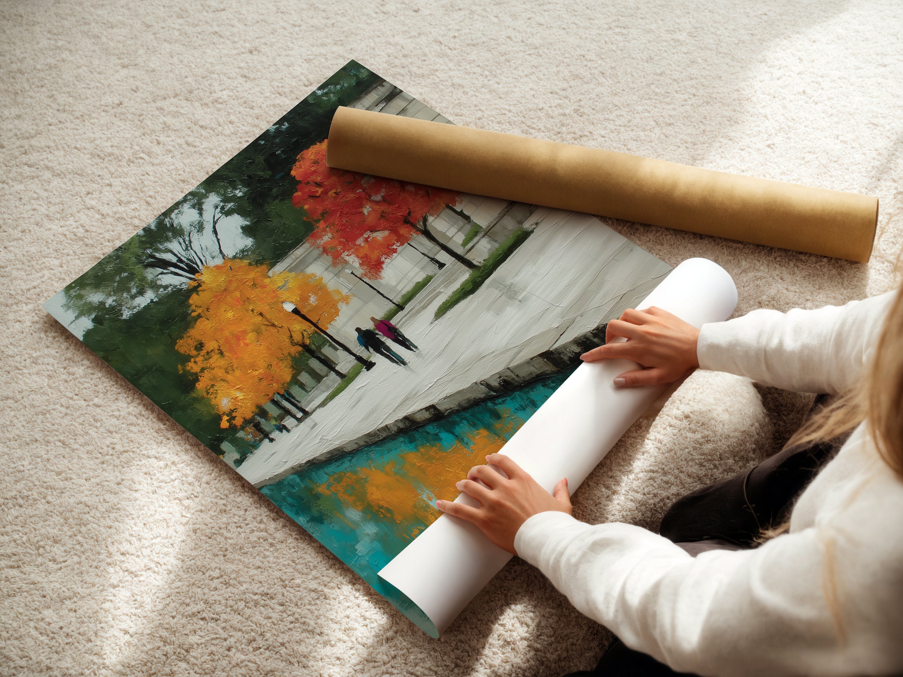 A woman is carefully rolling fine art poster paper. This highlights the care in handling artwork. The fine art poster paper ensures high quality. It captures every detail of the artwork. Perfect for art enthusiasts and collectors. Experience the beauty of fine art prints.
